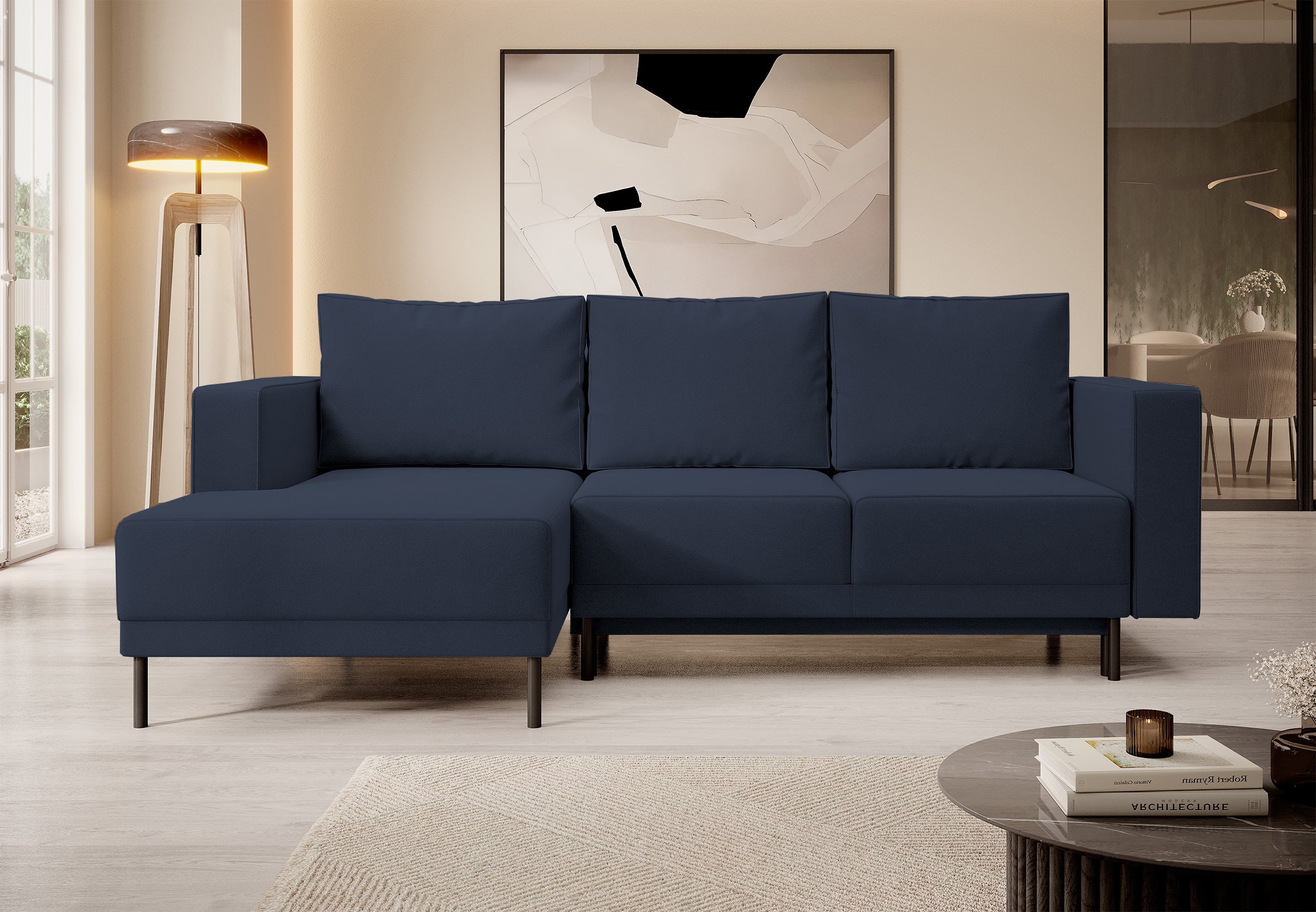 Ecksofa mit Schlaffunktion Rodario mini, L-förmig, mit Stauraum, marineblauer samtartiger, leicht zu reinigender Stoff, linksseitig