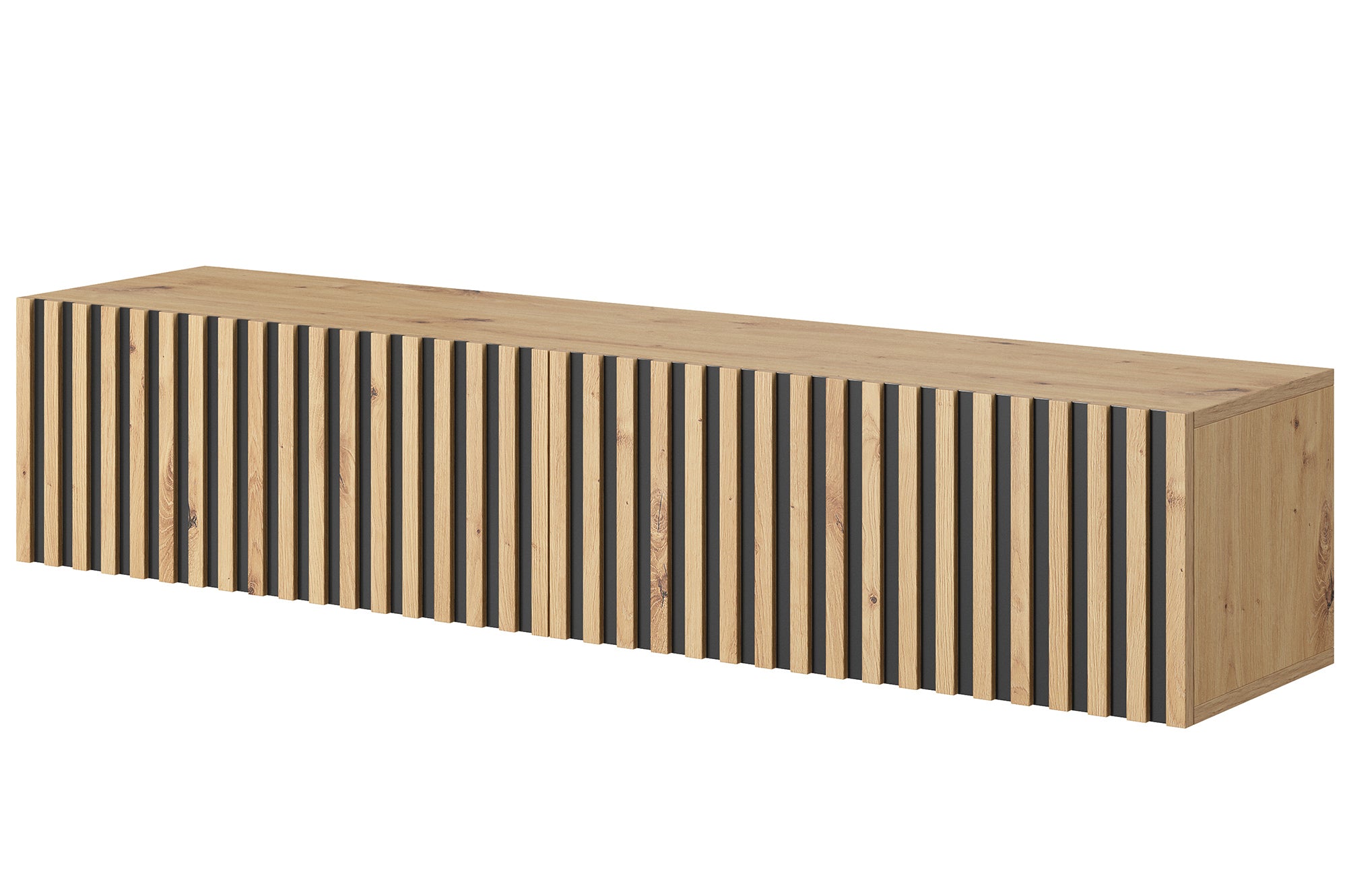 TV-Schrank Telire 138,6 cm Artisan-Eiche mit lamellenförmiger Front und schwarzen Einsätzen