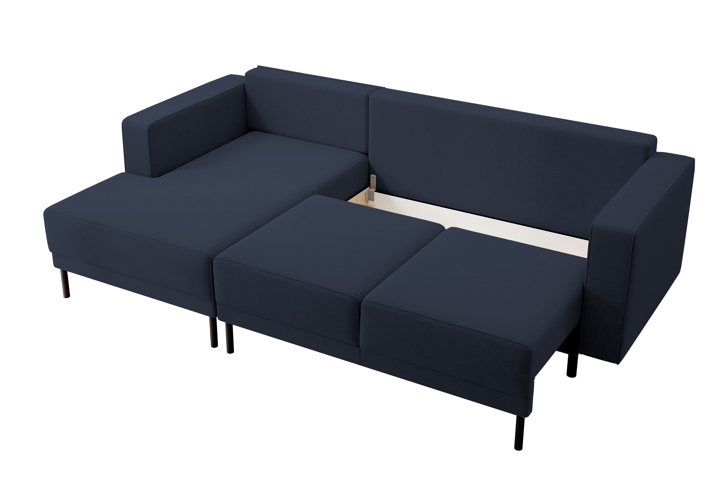 Ecksofa mit Schlaffunktion Rodario mini, L-förmig, mit Stauraum, marineblauer samtartiger, leicht zu reinigender Stoff, linksseitig