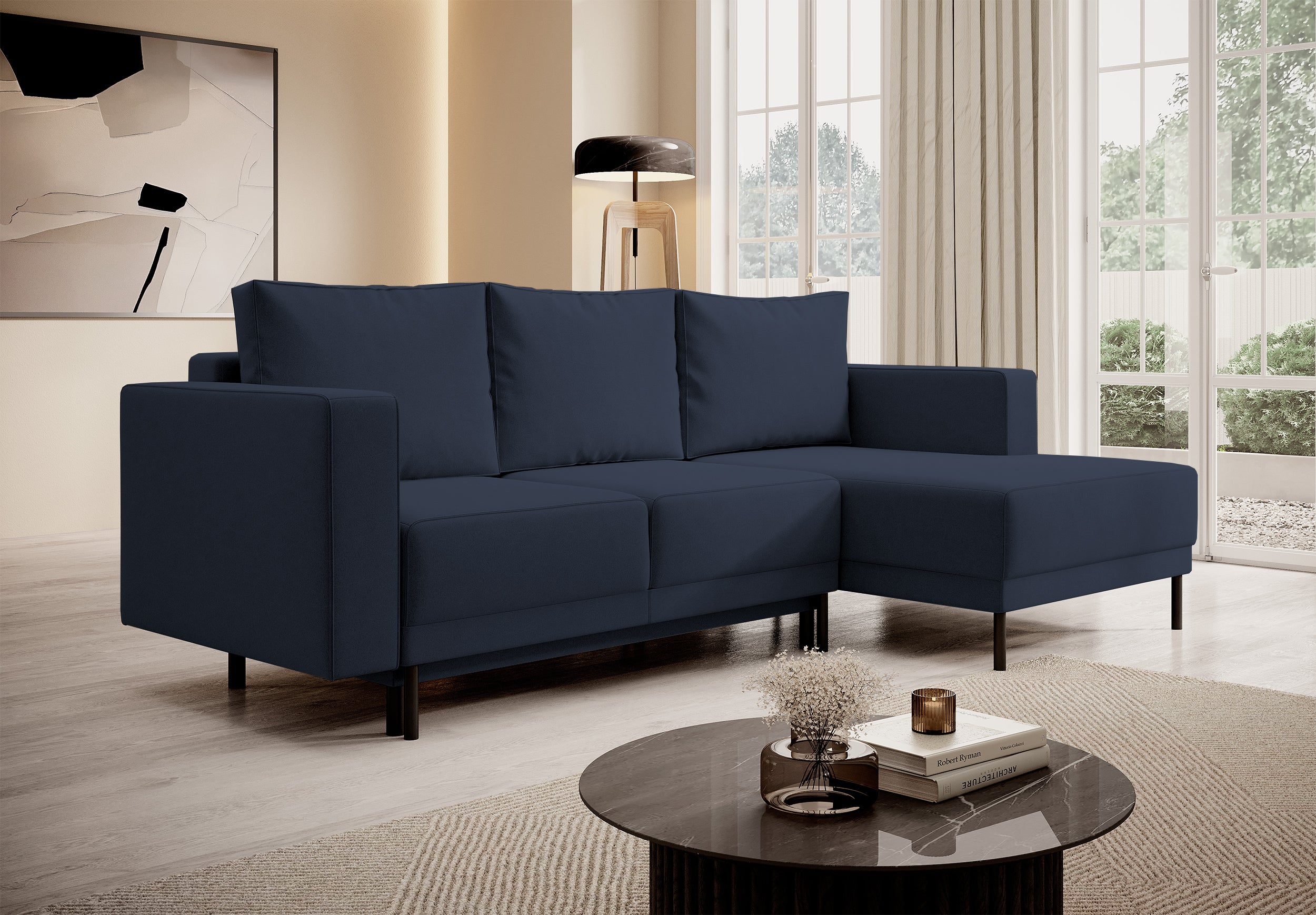 Ecksofa mit Schlaffunktion Rodario Mini, L-förmig, mit Stauraum, marineblauer, pflegeleichter Samt, rechtsseitig