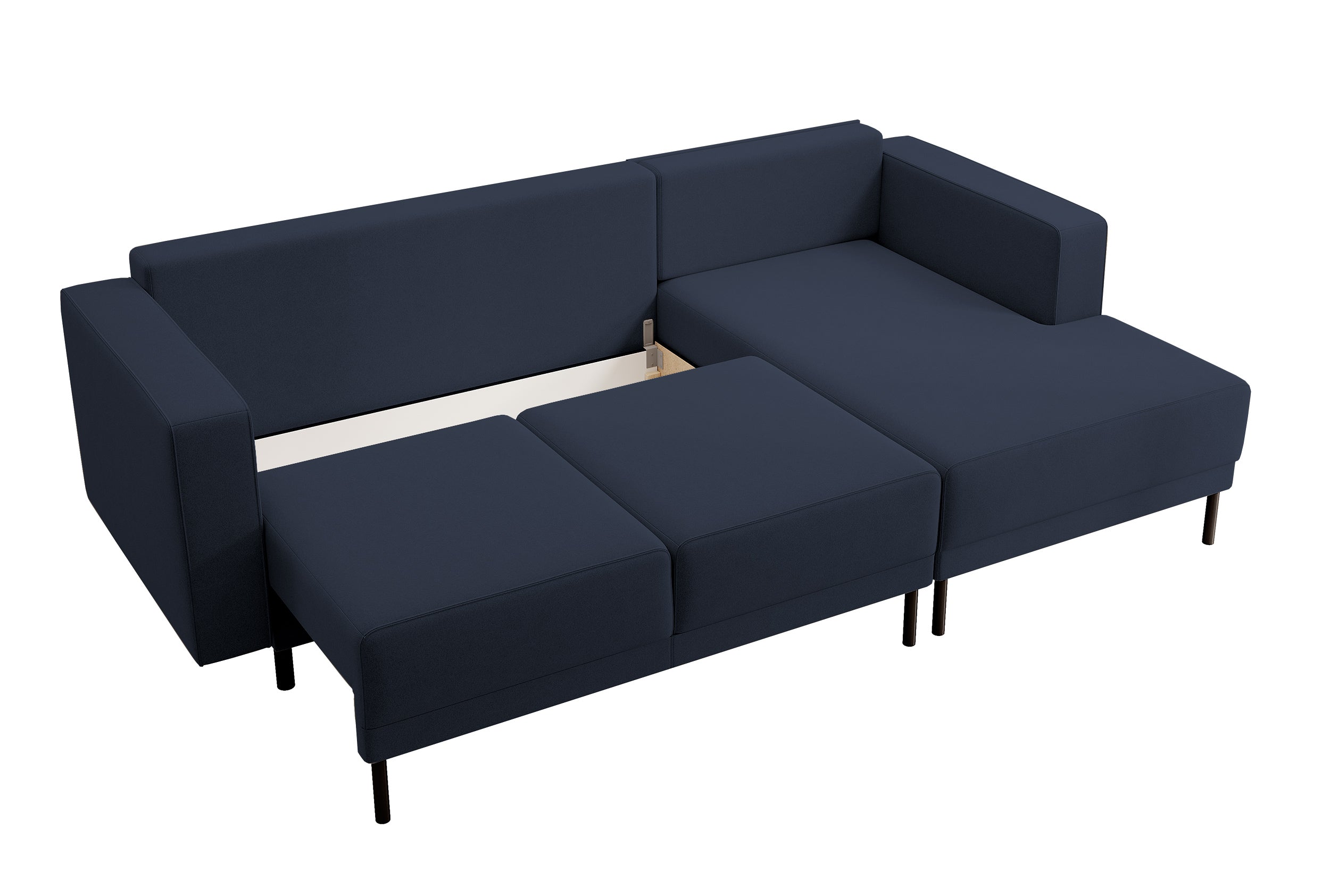 Ecksofa mit Schlaffunktion Rodario Mini, L-förmig, mit Stauraum, marineblauer, pflegeleichter Samt, rechtsseitig