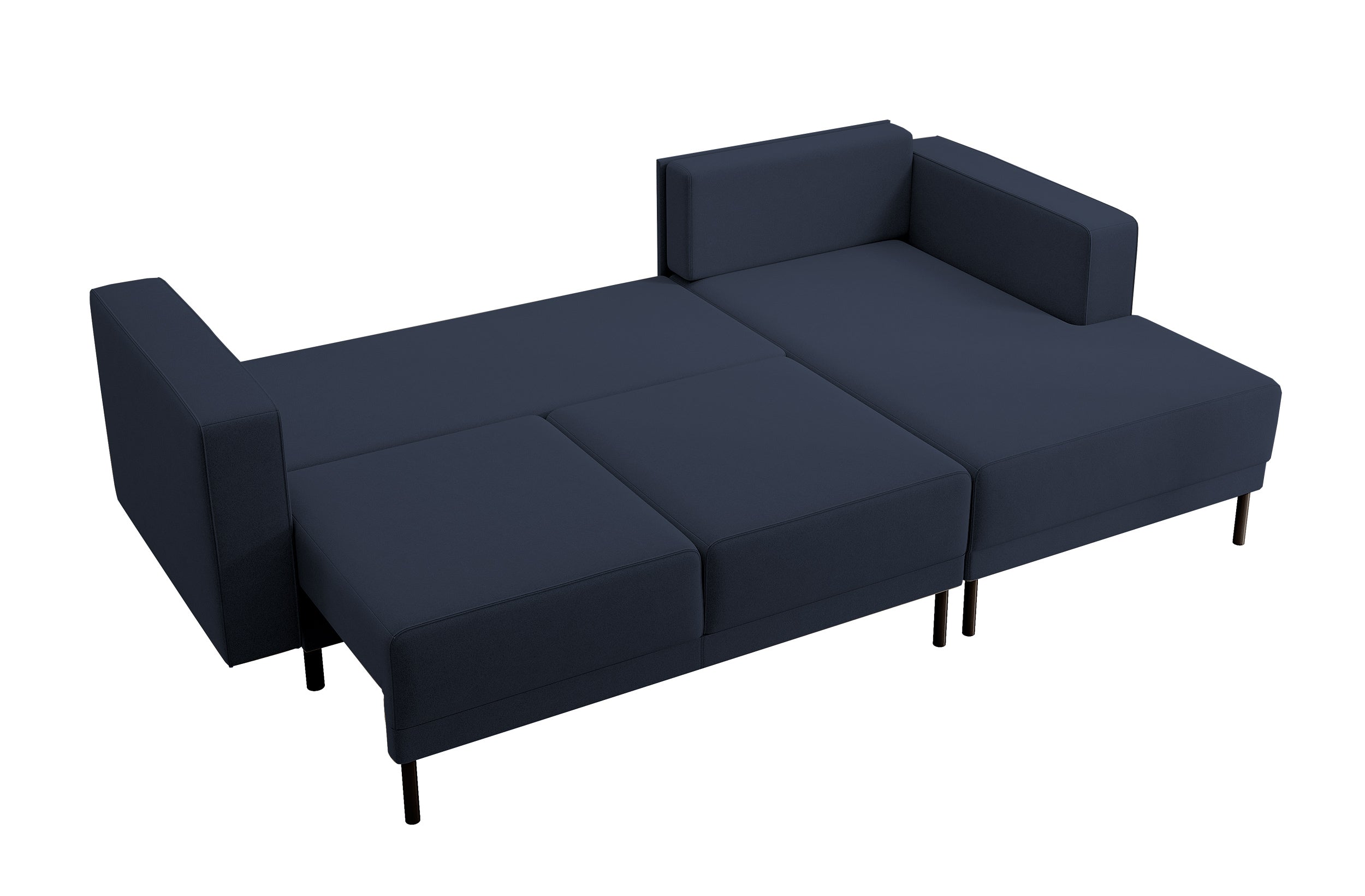 Ecksofa mit Schlaffunktion Rodario Mini, L-förmig, mit Stauraum, marineblauer, pflegeleichter Samt, rechtsseitig