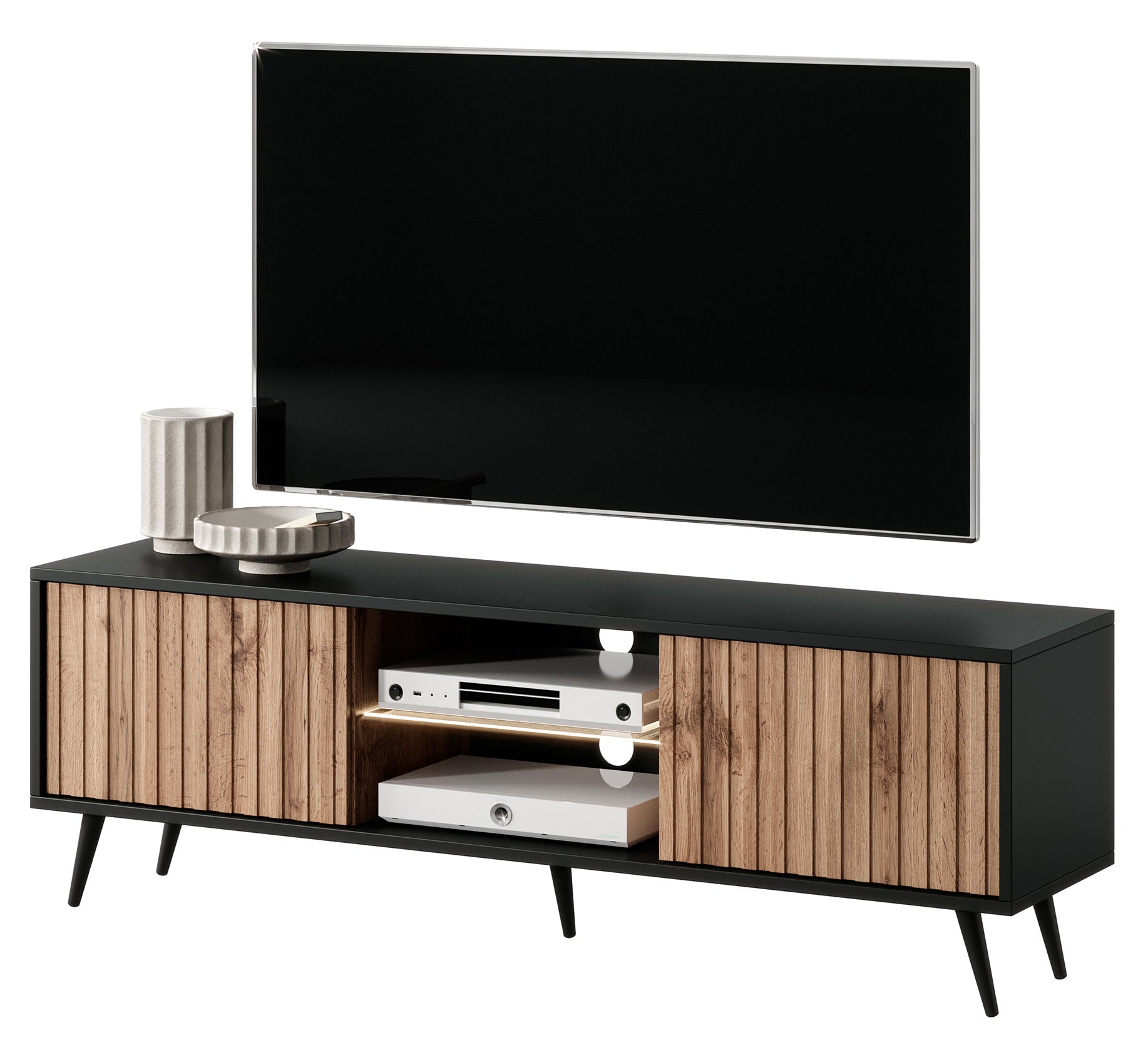 TV-Schrank Bello mit Lamellenfronten 135 cm schwarz/Wotaneiche mit LED