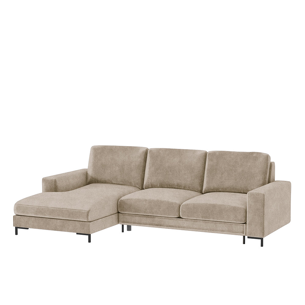 Ecksofa mit Schlaffunktion Mokpeo, L-förmig, mit zwei Stauraumfächern auf schwarzen Füßen, beige, aus pflegeleichtem Stoff, linksseitig