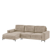Ecksofa mit Schlaffunktion Mokpeo, L-förmig, mit zwei Stauraumfächern auf schwarzen Füßen, beige, aus pflegeleichtem Stoff, linksseitig