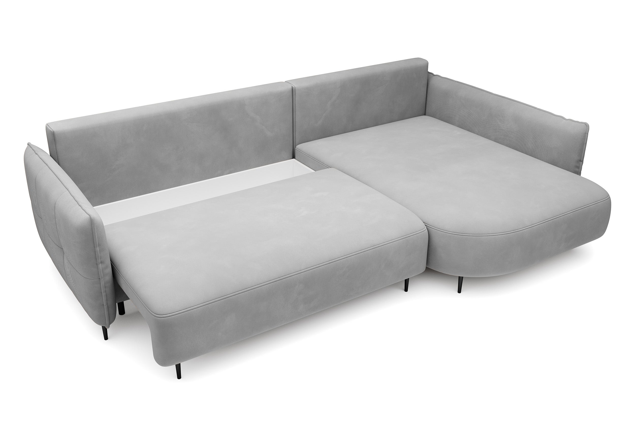 Ecksofa Oblivio mit Schlaffunktion, L-förmig, mit Stauraum, grauer Samt, rechtsseitig, wasserabweisend