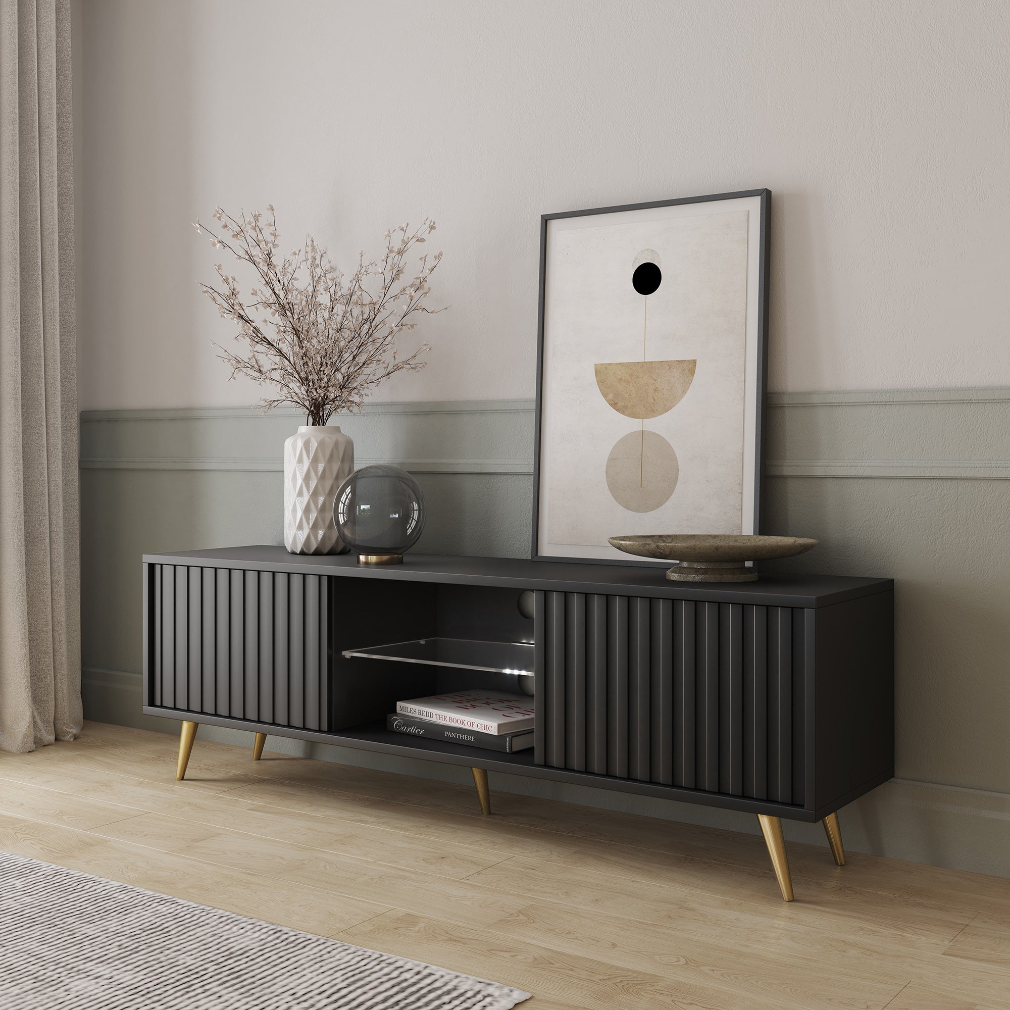 TV-Schrank Bello mit Lamellenfronten, 135 cm, schwarz mit goldenen Beinen