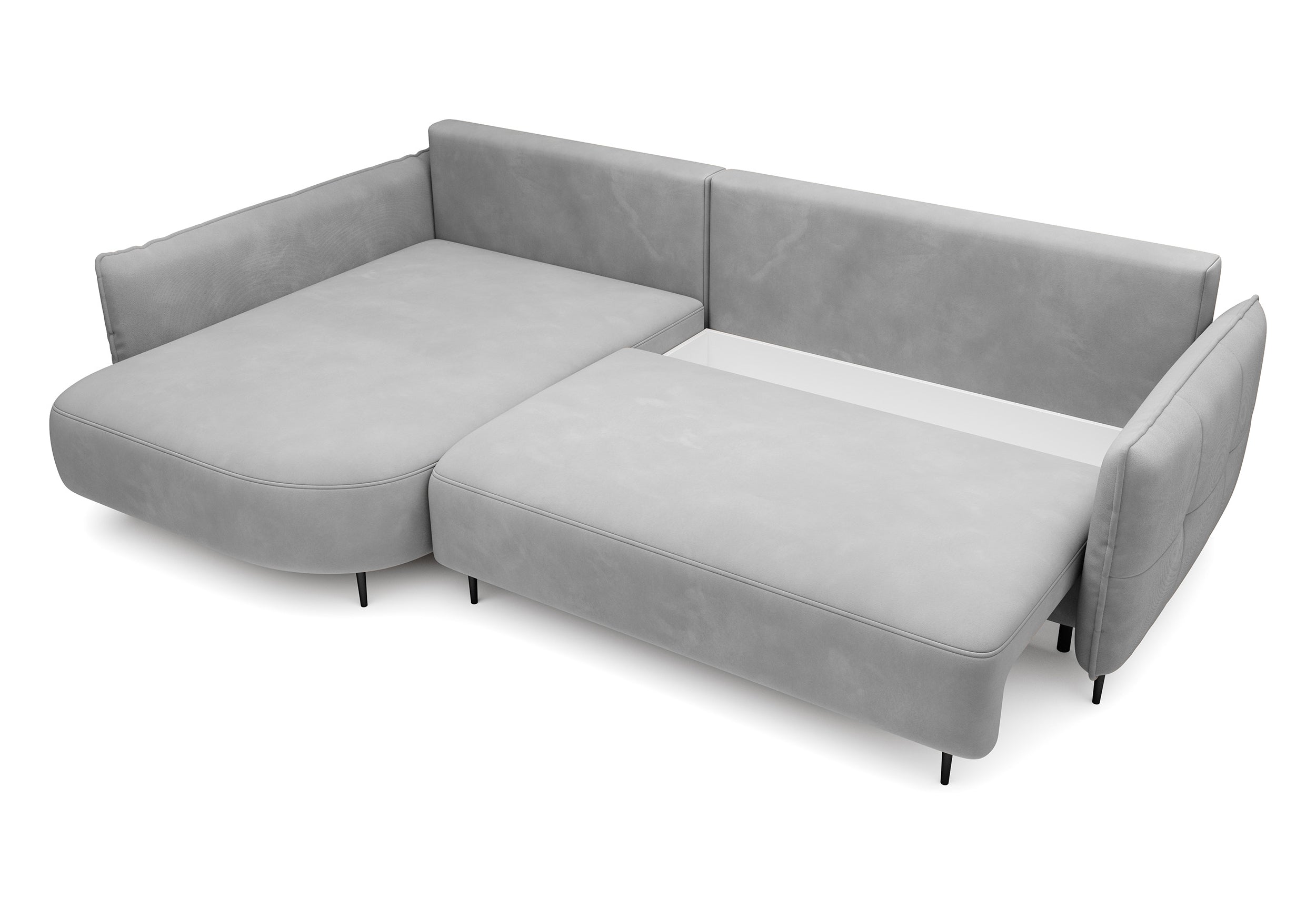 Ecksofa Oblivio mit Schlaffunktion, L-förmig, mit Stauraum, grauer Samt, linksseitig, wasserabweisend