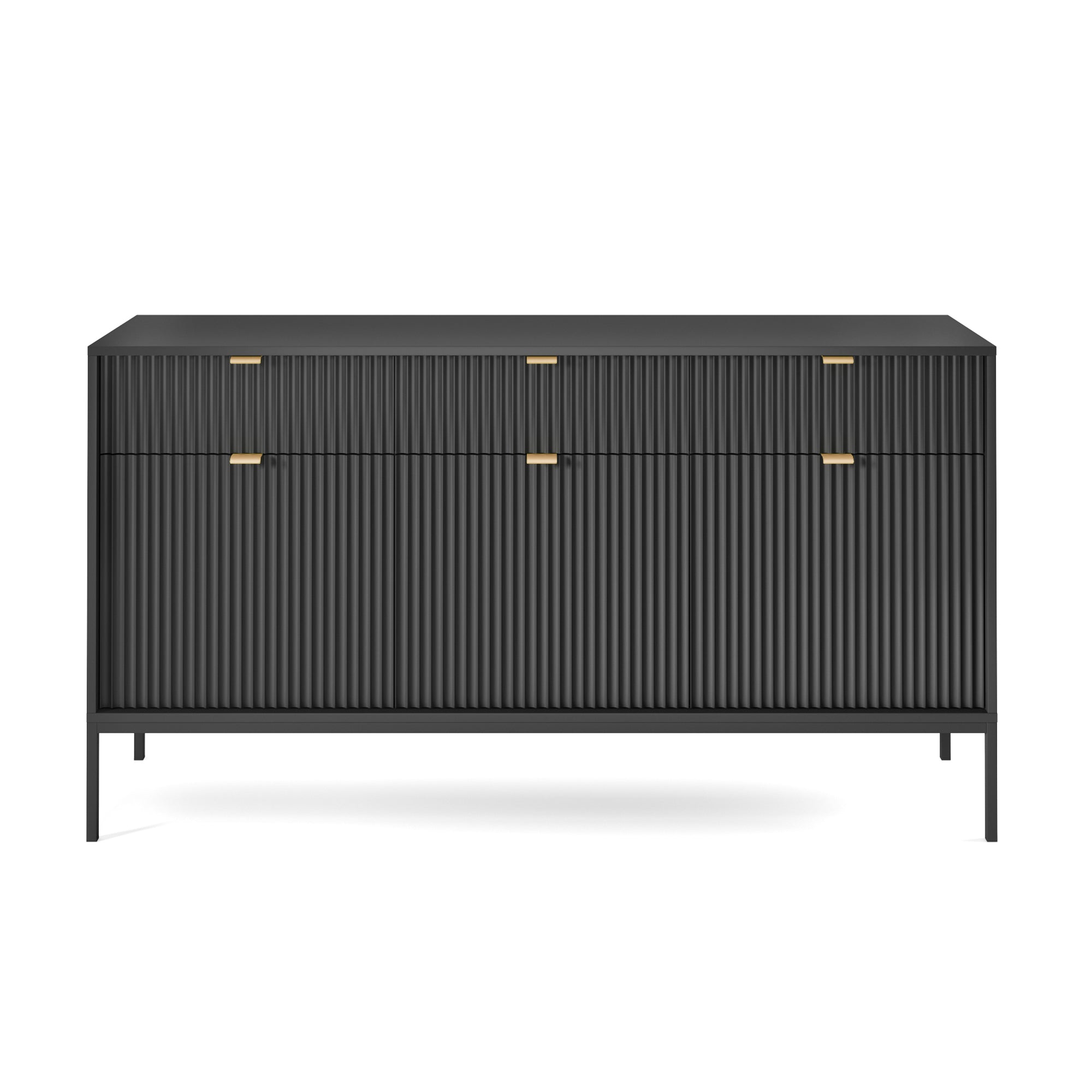 Drehtür-Kommode Vellore 154 cm schwarz mit geriffelten Fronten und goldenen Griffen