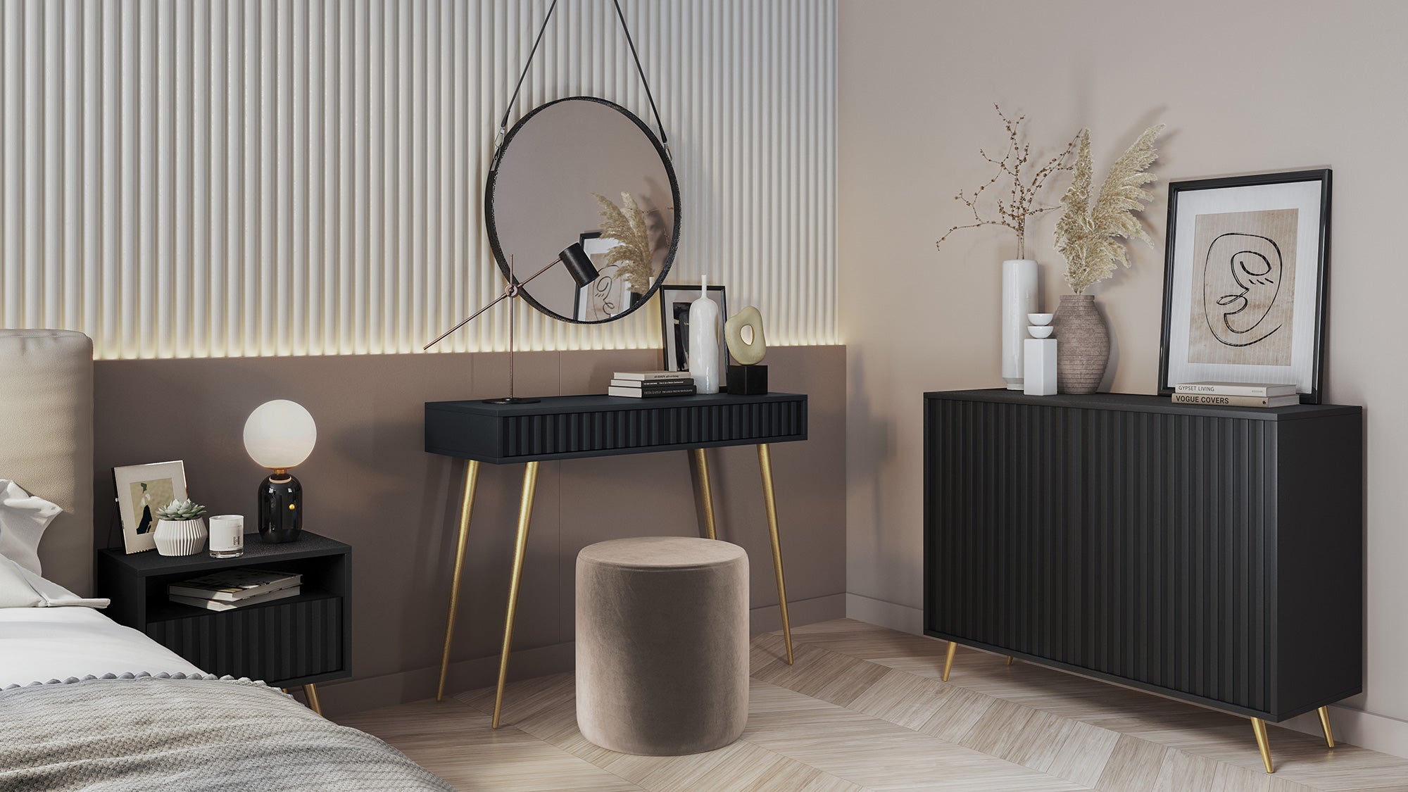 Schminktisch Bello 104 cm schwarz mit goldenen Beinen
