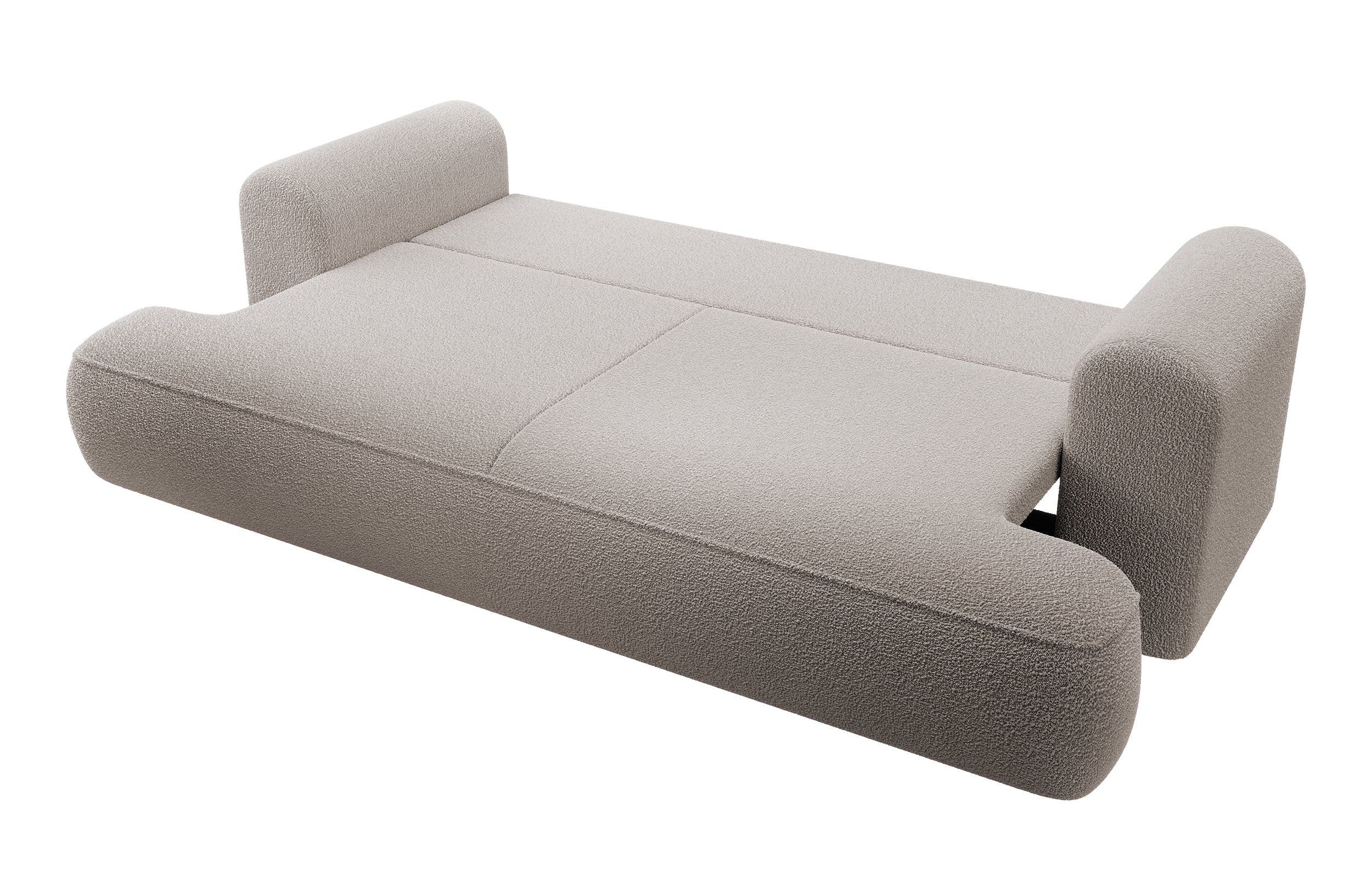 Dreisitziges ausklappbares Sofa Ovo mit Stauraum, dunkelbeiges Bouclé