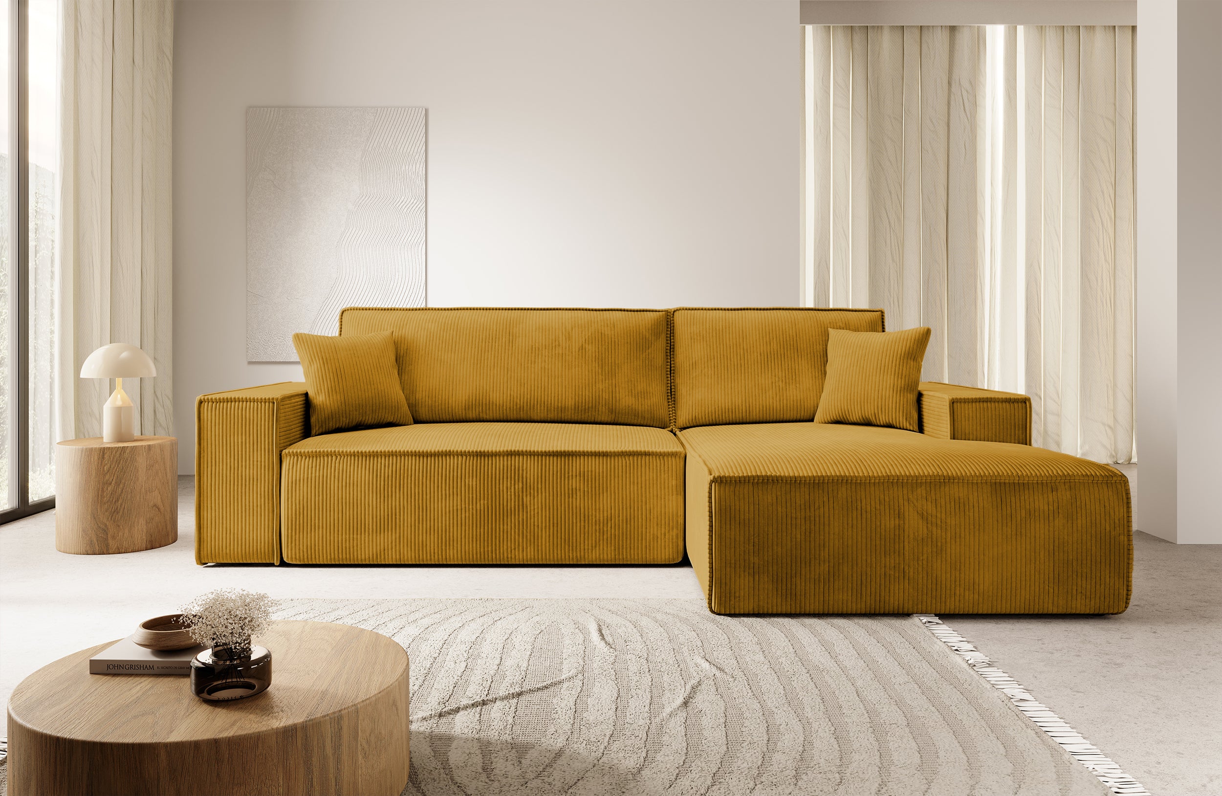 Ecksofa mit Schlaffunktion Farese New, L-förmig, mit Stauraum, senfgelber Cordstoff, rechtsseitig
