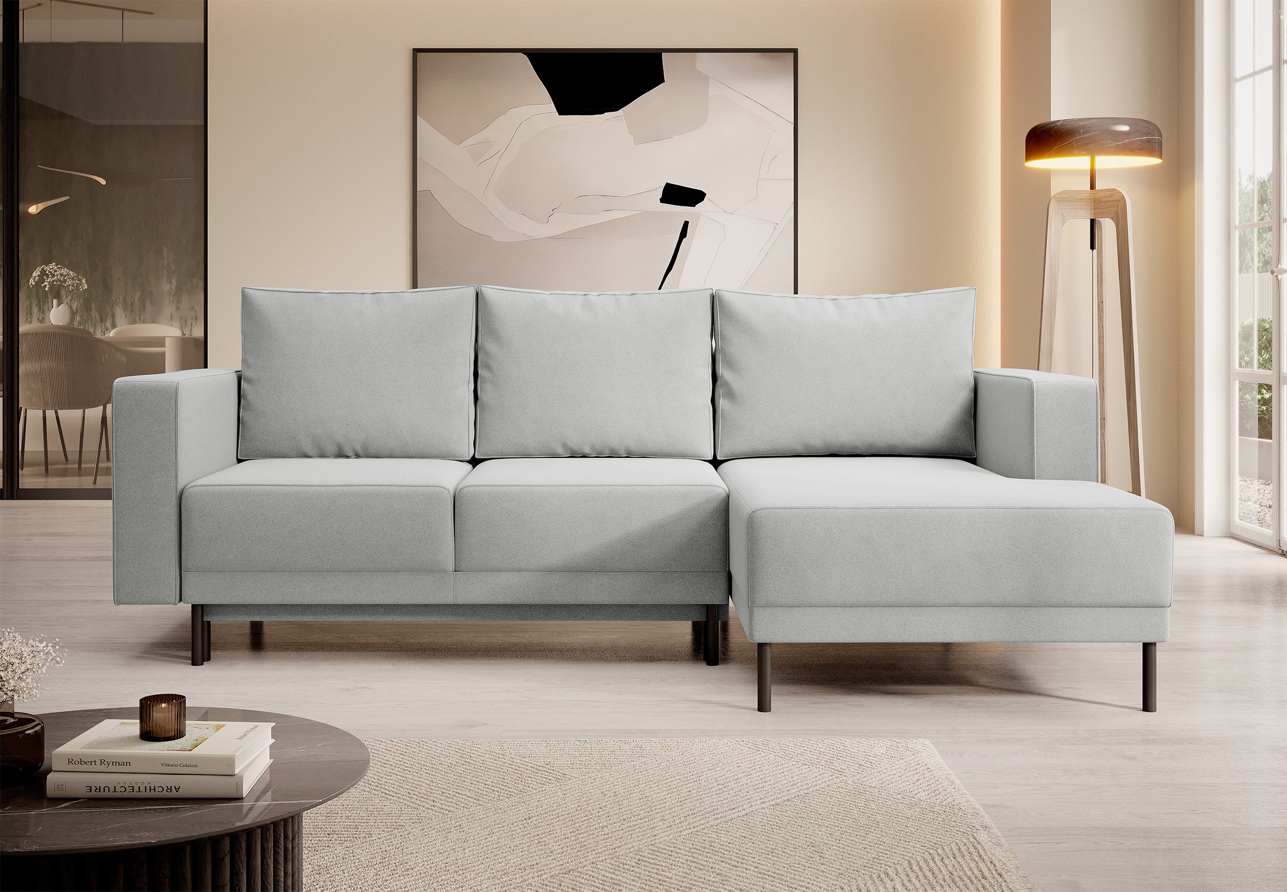 Ecksofa mit Schlaffunktion Rodario Mini, L-förmig, mit Stauraum, grau, leicht zu reinigender Samt, rechtsseitig