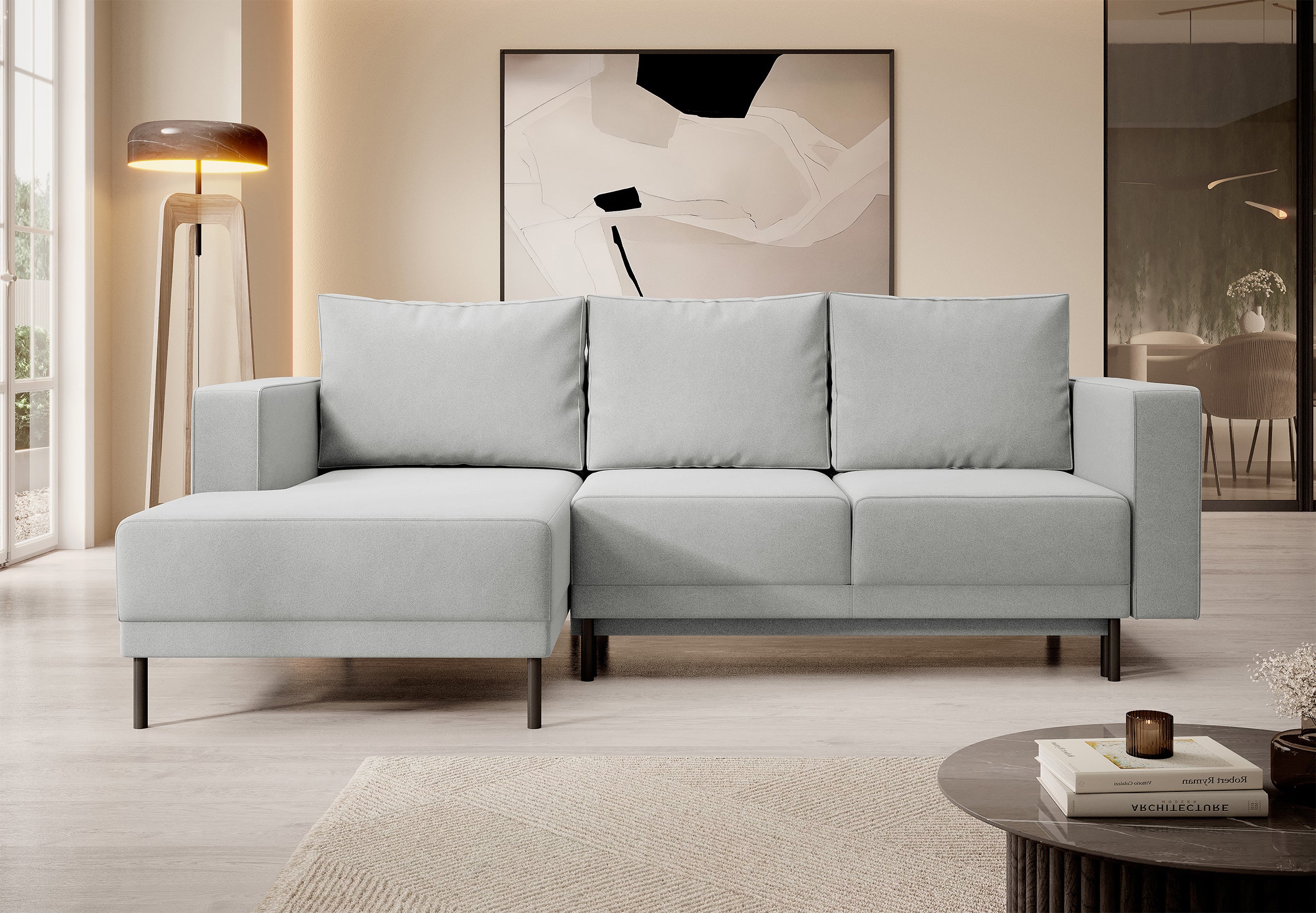 Ecksofa mit Schlaffunktion Rodario mini, L-förmig, mit Stauraum, grau, pflegeleichter Samt, linksseitig