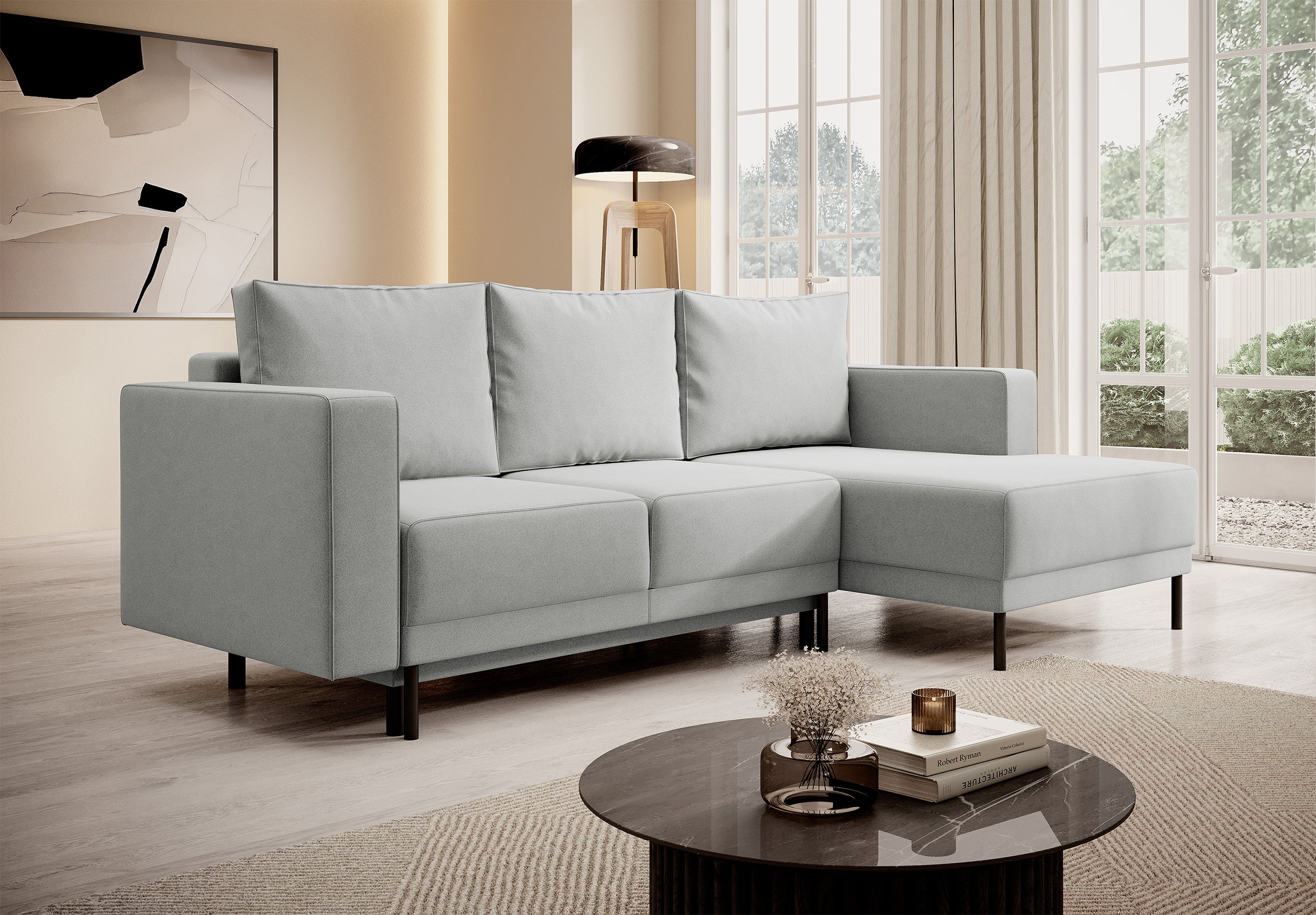 Ecksofa mit Schlaffunktion Rodario Mini, L-förmig, mit Stauraum, grau, leicht zu reinigender Samt, rechtsseitig