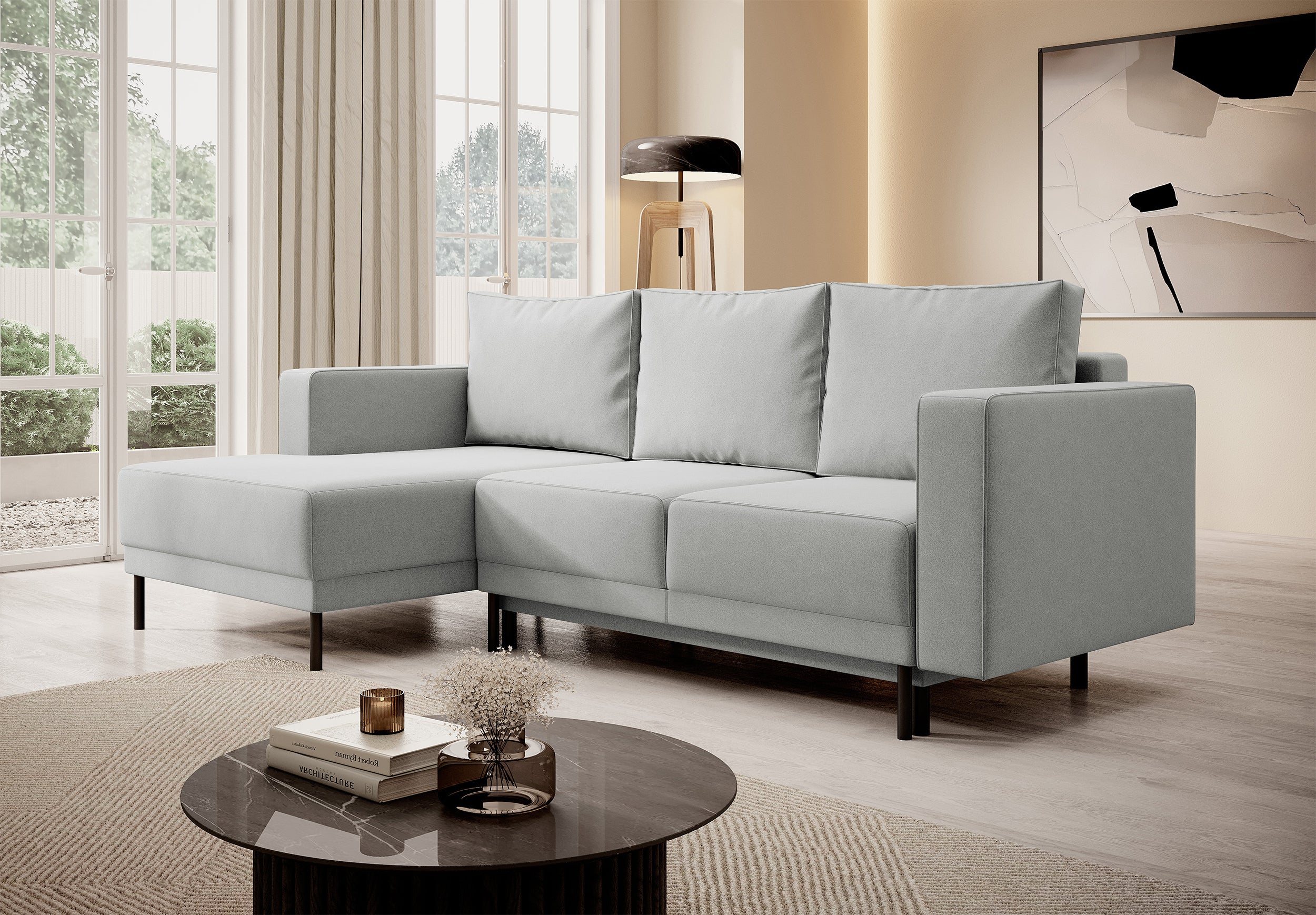 Ecksofa mit Schlaffunktion Rodario mini, L-förmig, mit Stauraum, grau, pflegeleichter Samt, linksseitig