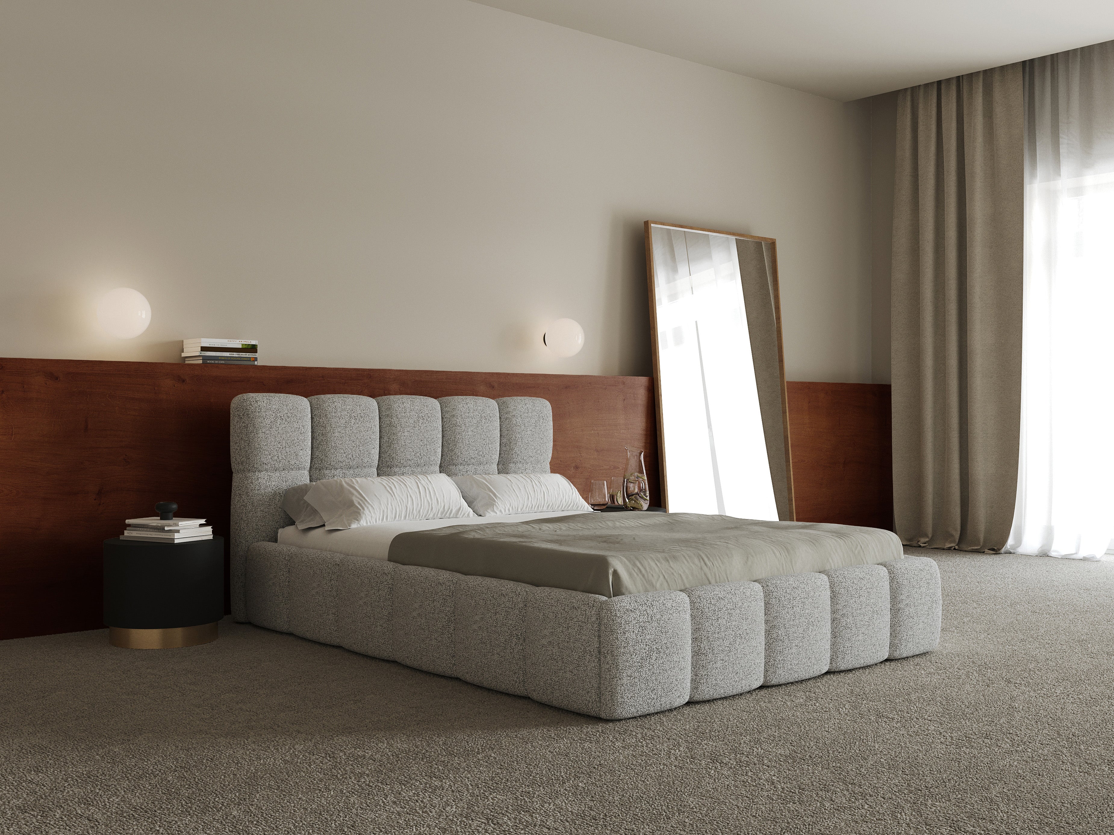 Gepolstertes Bett 160x200 cm Cloudy mit Stauraum, hellgraues Geflecht, Metallrahmen
