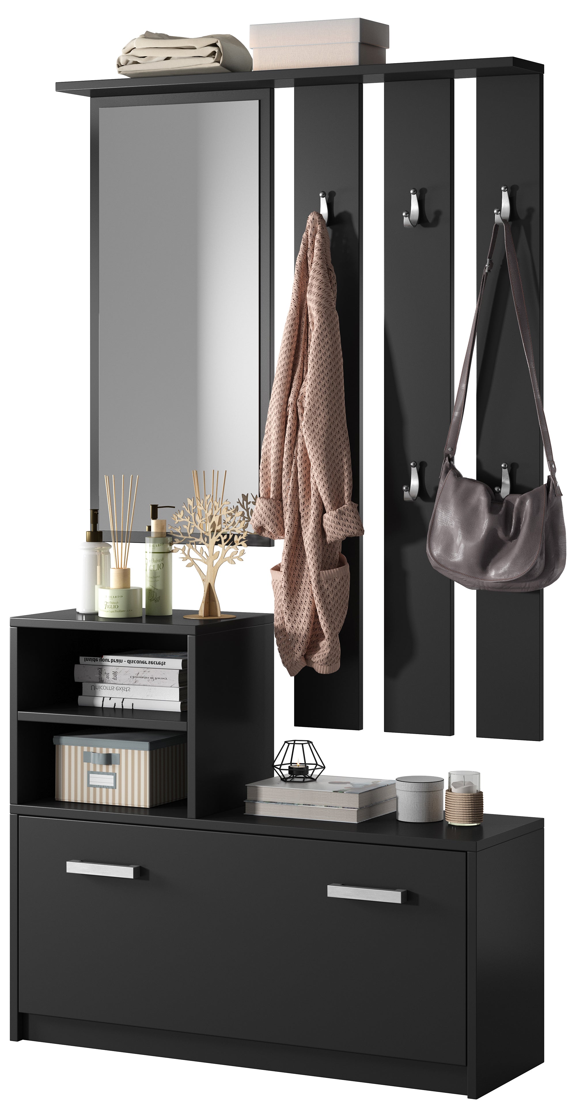 Yesfir Flur-Set mit Spiegel, Haken, Regalen und Schuhschrank Schwarz