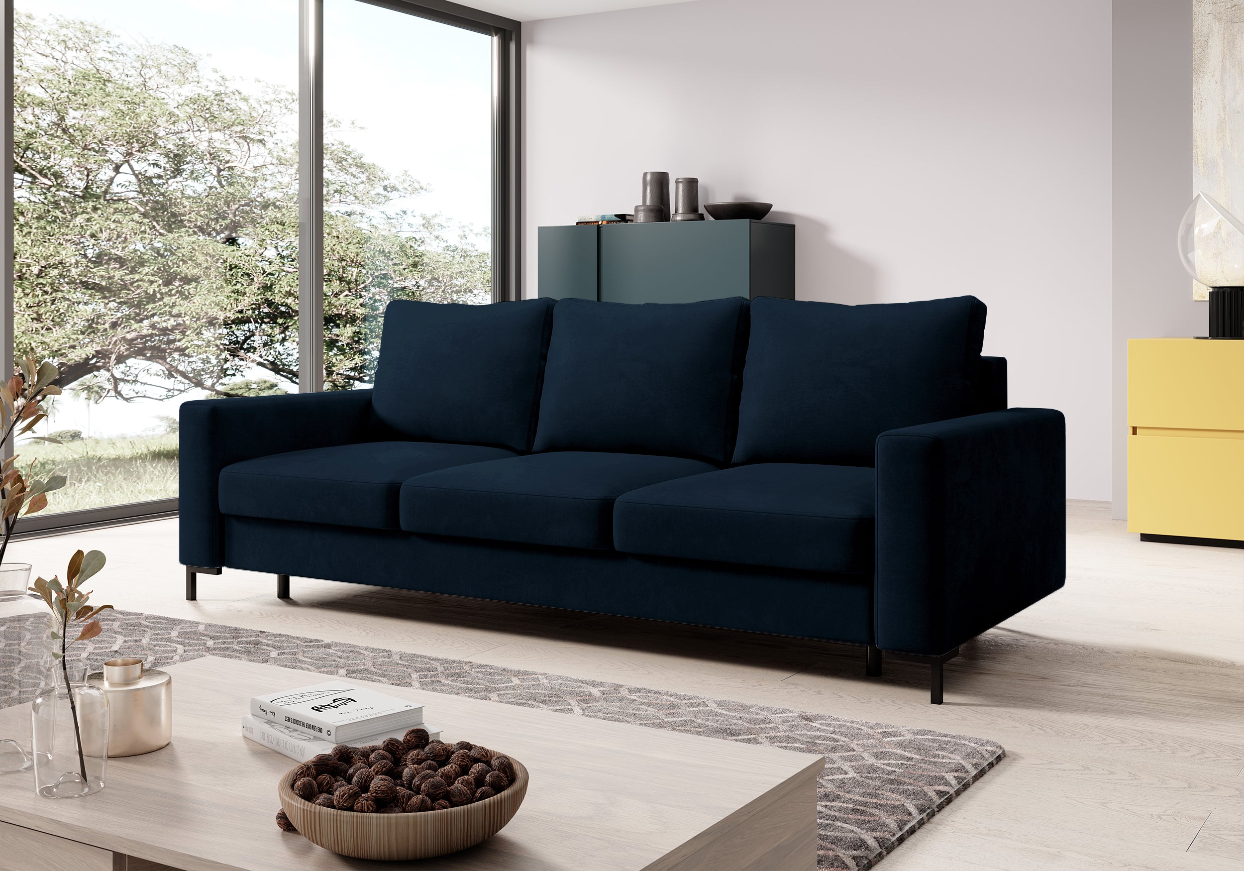 Dreisitziges Schlafsofa Mokpeo mit Stauraum, dunkelblauer Velours, pflegeleicht