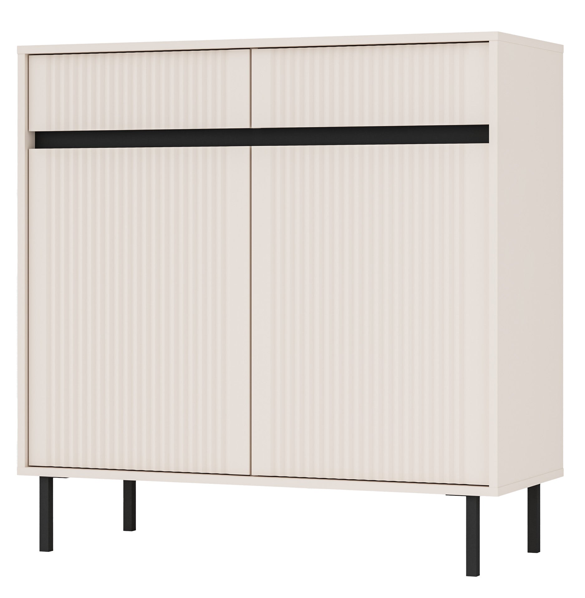 Zweiturige Kommode Osaka mit zwei Schubladen und geriffelten Fronten, 100 cm, sandbeige auf schwarzen Beinen