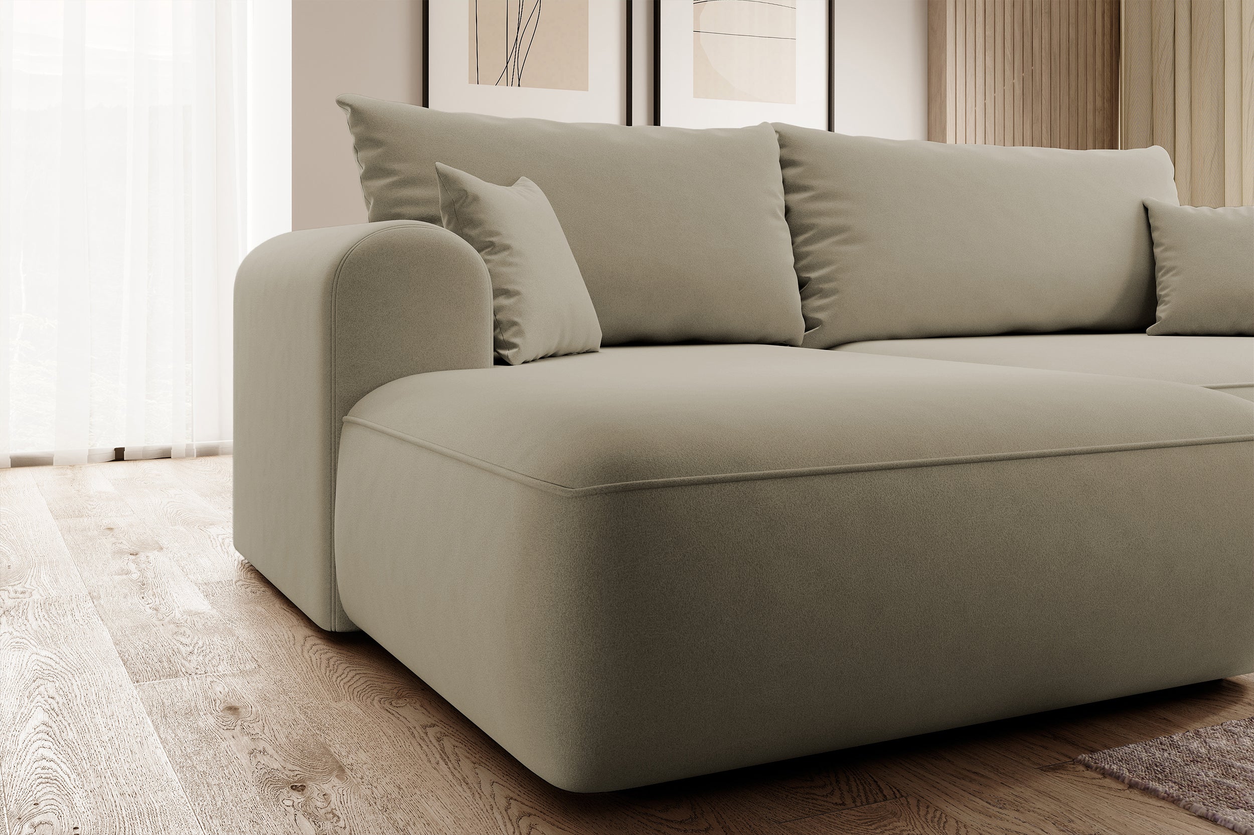 Ecksofa mit Schlafunktion Ovo, L-förmig, beige Velours mit Stauraum, aus leicht zu reinigendem Stoff, linksseitig