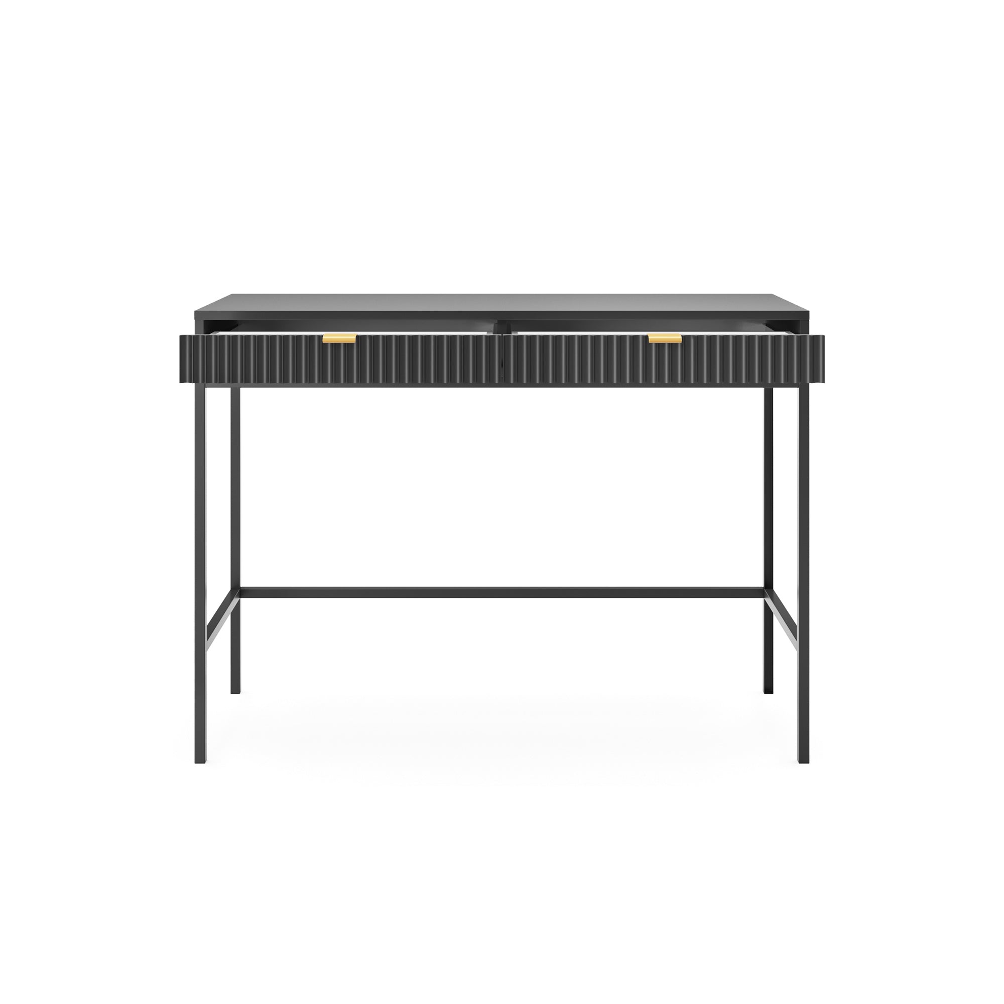 Schminktisch-Schreibtisch Vellore 104 cm schwarz mit geriffelten Fronten und goldenen Griffen