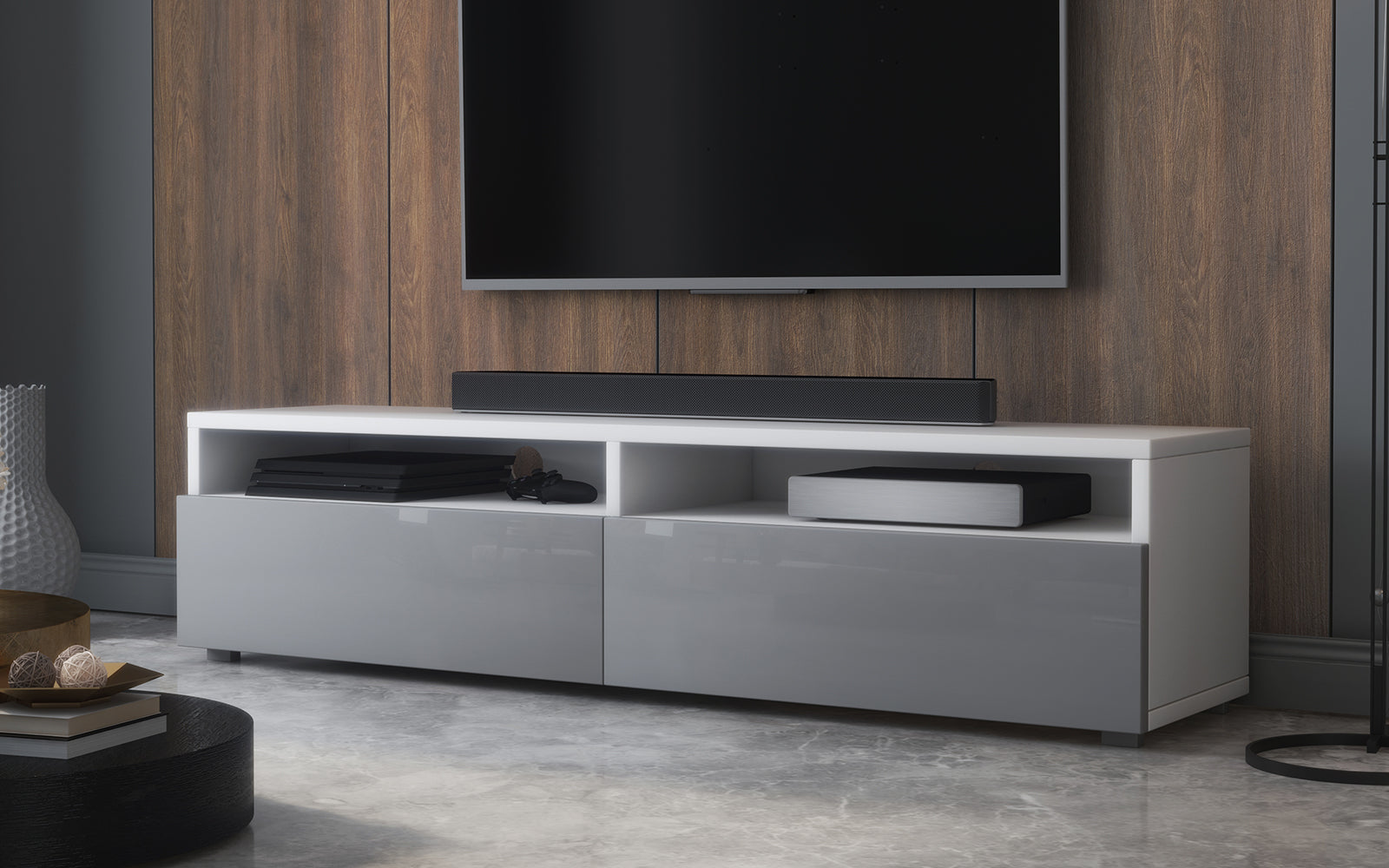 TV-Schrank mit zwei Schubladen Rednaw 140 cm Weiß matt / Grau glänzend