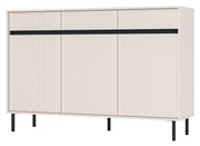 Drehtür-Kommode Osaka mit drei Schubladen und geriffelten Fronten, 149 cm, sandbeige auf schwarzen Beinen