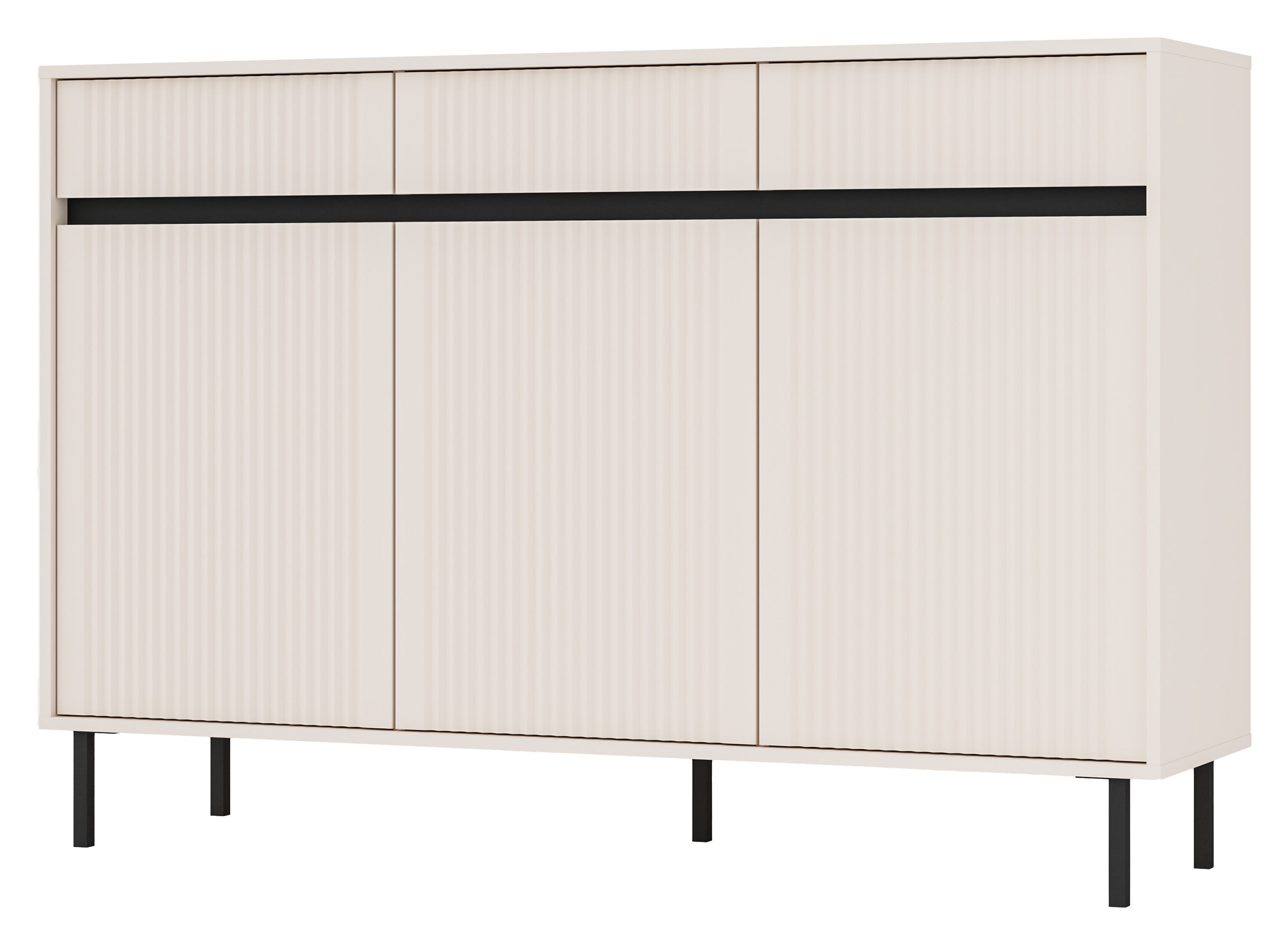 Drehtür-Kommode Osaka mit drei Schubladen und geriffelten Fronten, 149 cm, sandbeige auf schwarzen Beinen