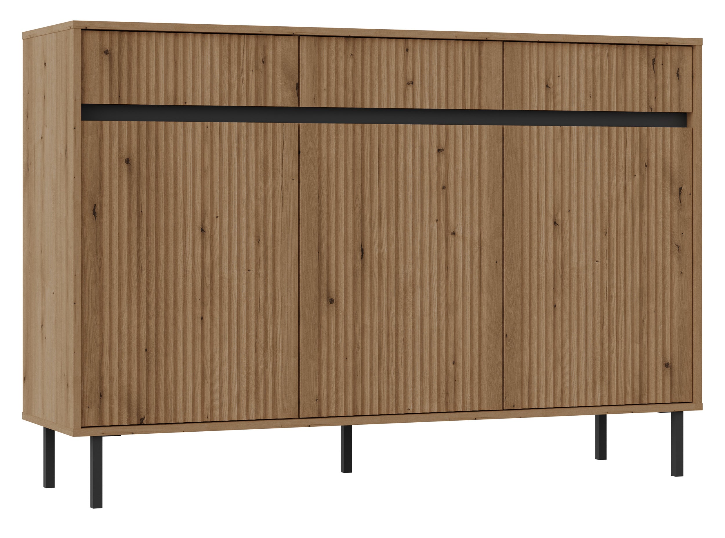 Drehtür-Kommode Osaka mit drei Schubladen und gerillten Fronten, 149 cm, Eiche Evoke auf schwarzen Beinen