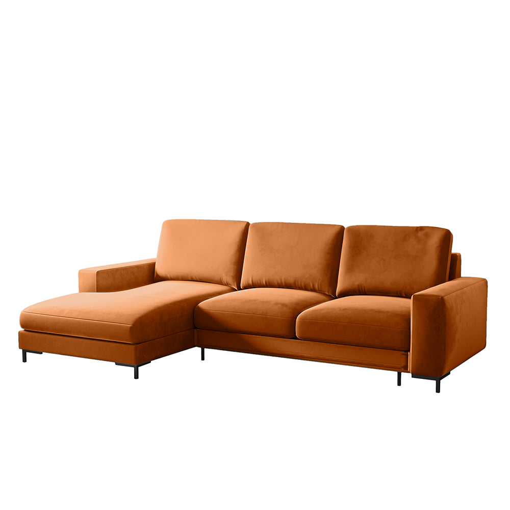 Ecksofa mit Schlafunktion Mokpeo, L-förmig, mit zwei Stauraumfächern, schwarzen Beinen, kupferfarbenem Samt, linksseitig