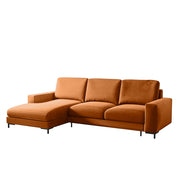 Ecksofa mit Schlafunktion Mokpeo, L-förmig, mit zwei Stauraumfächern, schwarzen Beinen, kupferfarbenem Samt, linksseitig