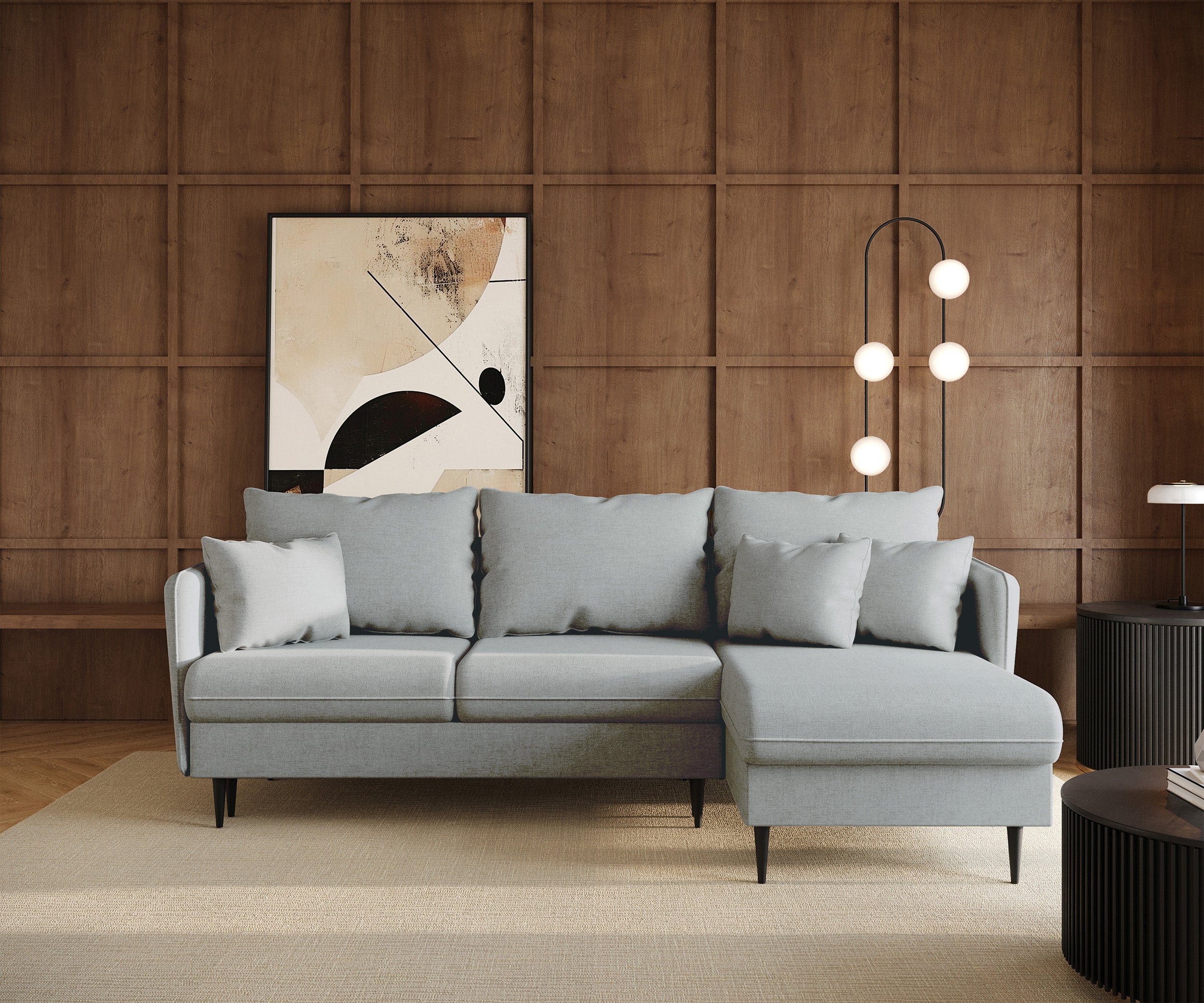 Ecksofa mit Schlaffunktion Volio L-förmig grau Chenille schwarze Beine