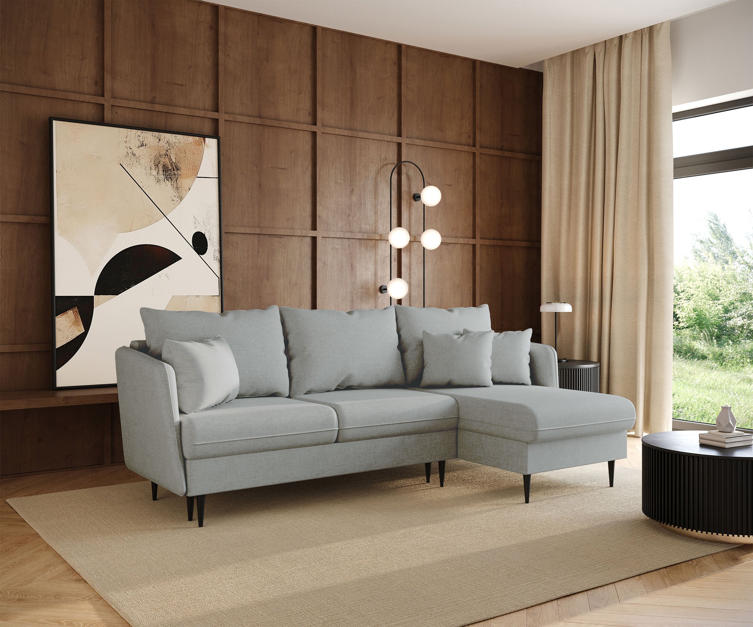 Ecksofa mit Schlaffunktion Volio L-förmig grau Chenille schwarze Beine