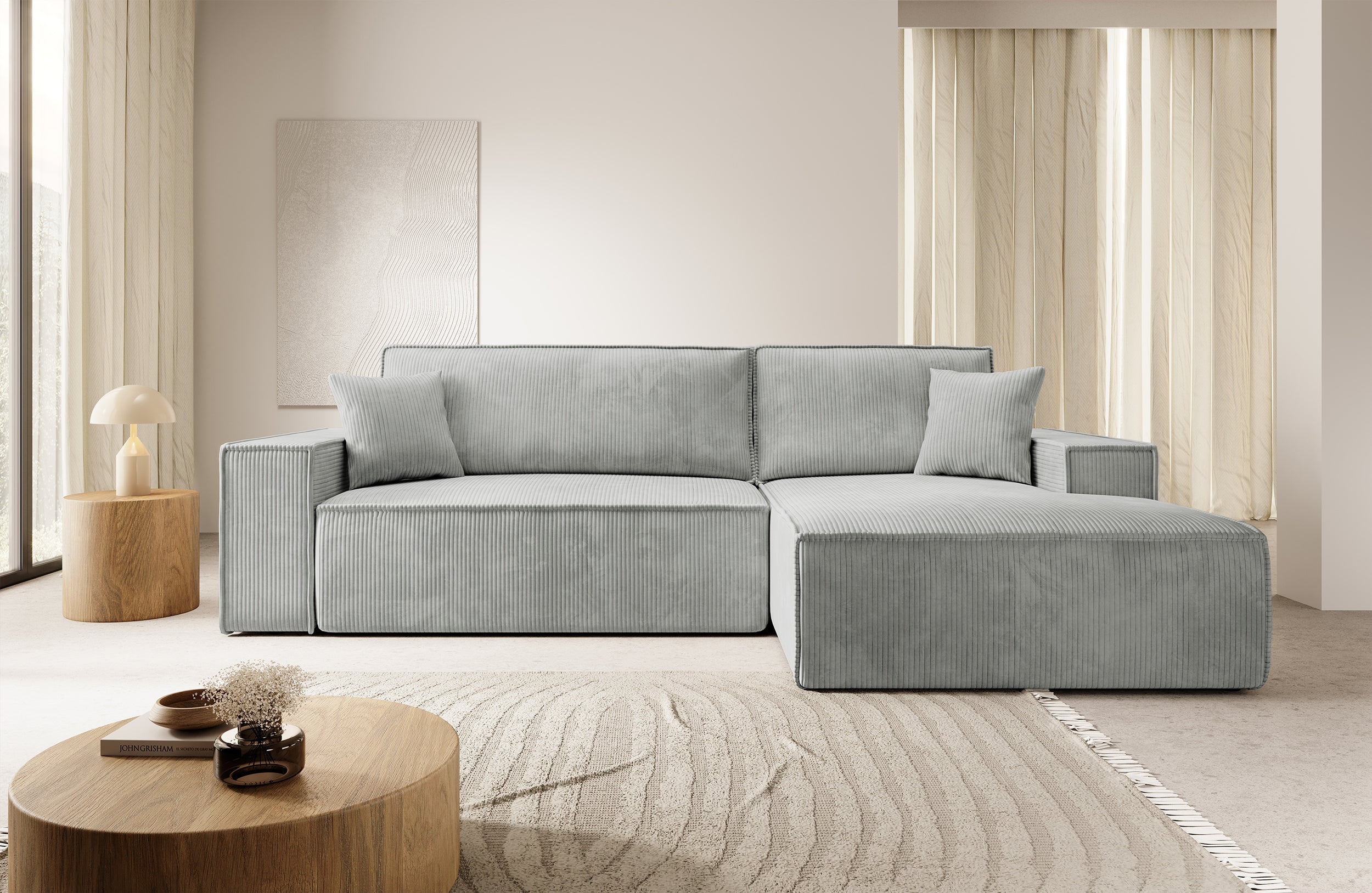 Ecksofa mit Schlaffunktion Farese New, L-förmig, mit Stauraum, hellgrauer Cordstoff, rechtsseitig