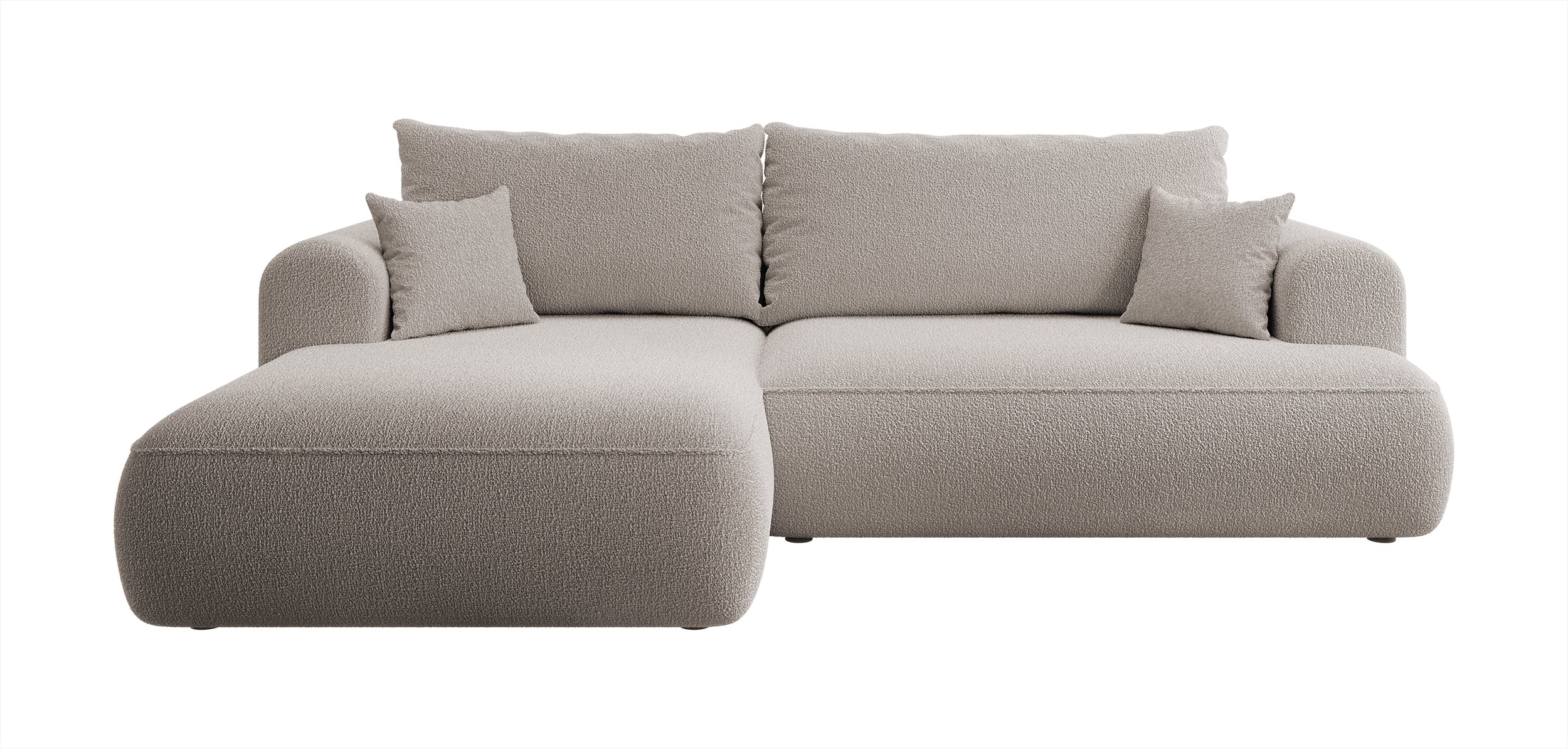 Ecksofa mit Schlafunktion Ovo L-förmig, dunkelbeige mit Stauraum, Bouclé, linksseitig