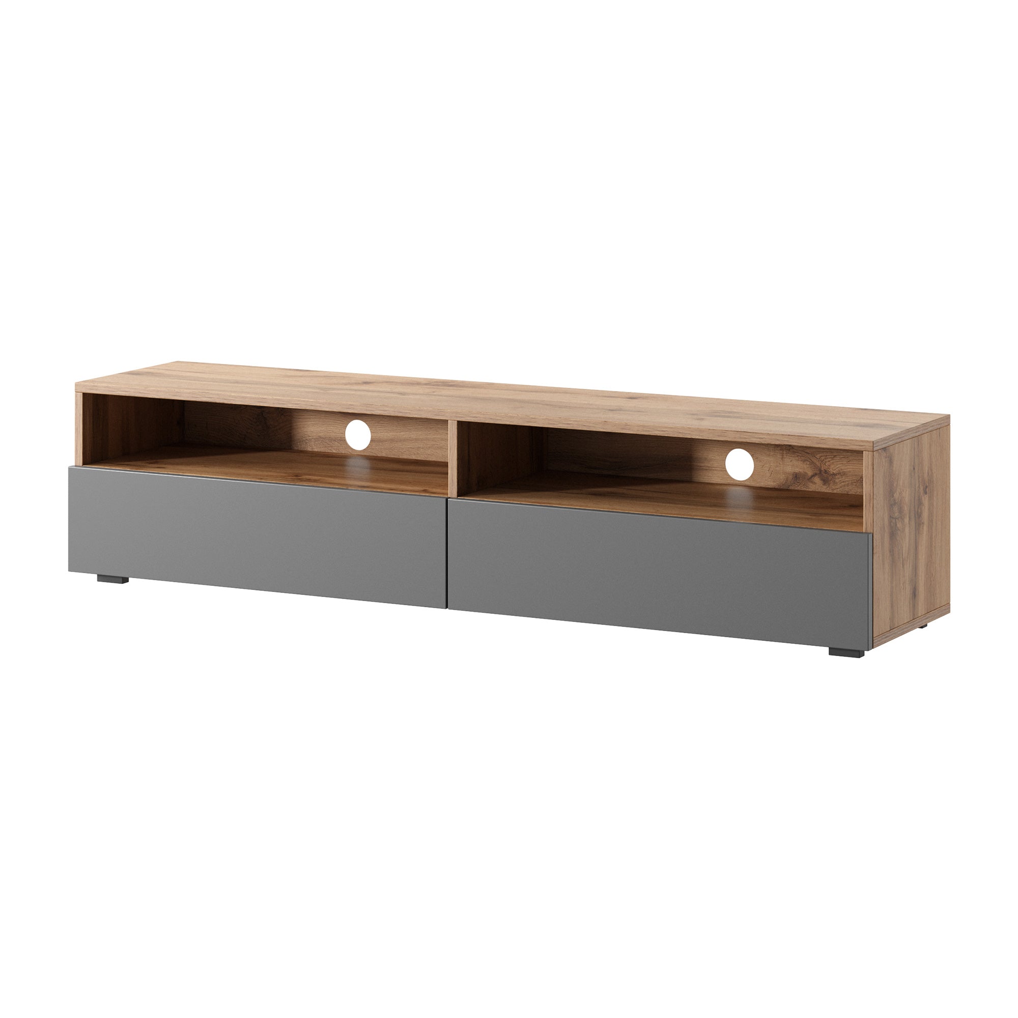 TV-Schrank mit zwei Schubladen Rednaw 140 cm Wotan-Eiche / Grauer Hochglanz mit Beleuchtung