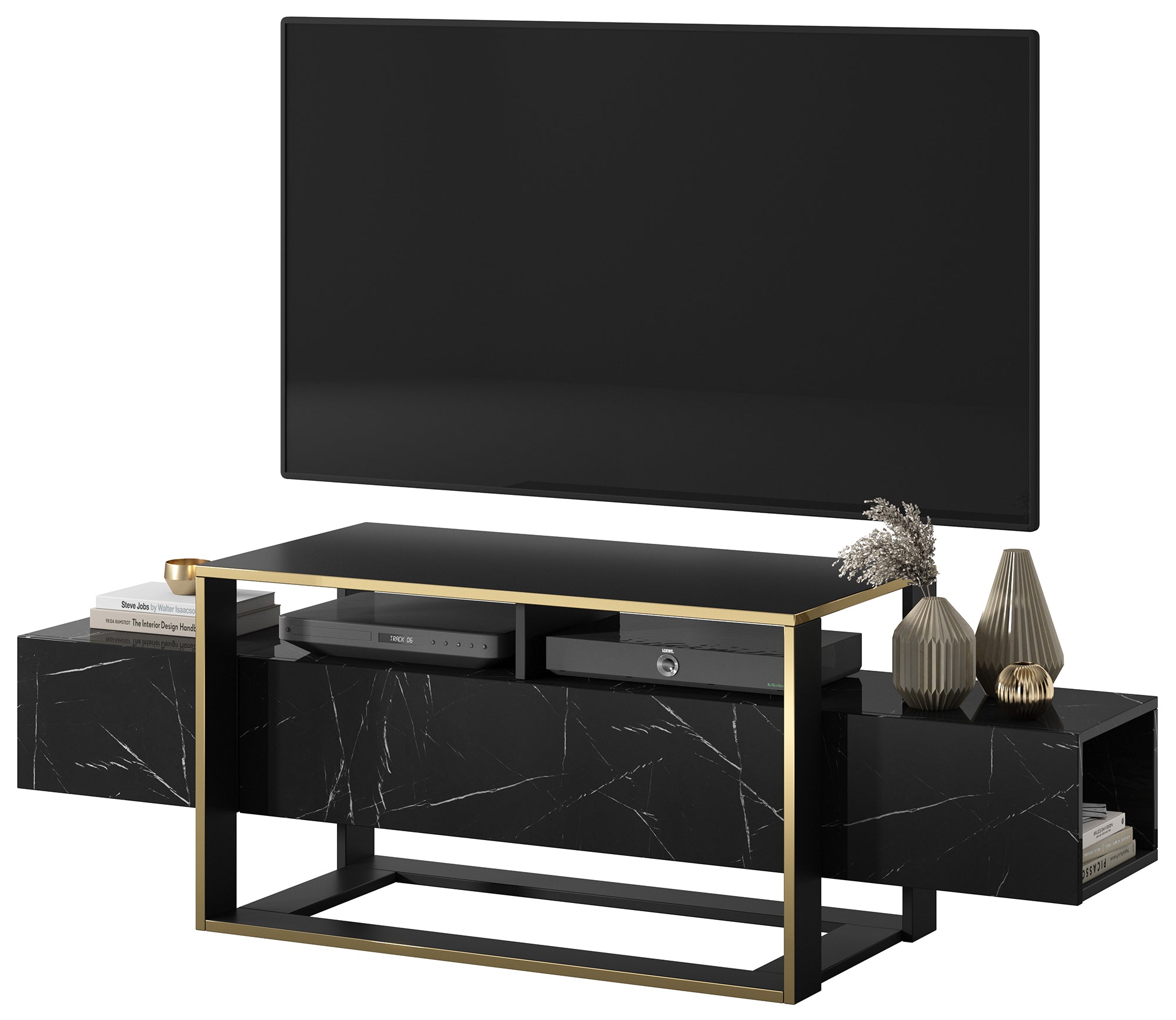 TV-Schrank Excelsum 160 cm schwarzer Marmor mit abschließbarem Fach