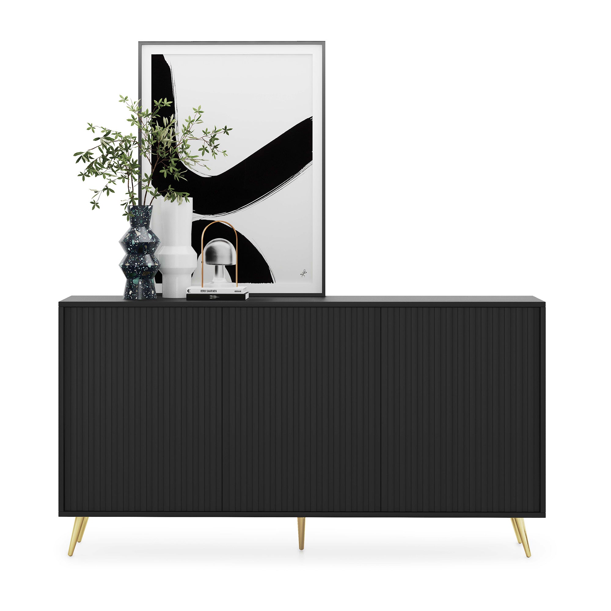 Kommode Bello mit Lamellenfronten, 154 cm, schwarz mit goldenen Beinen