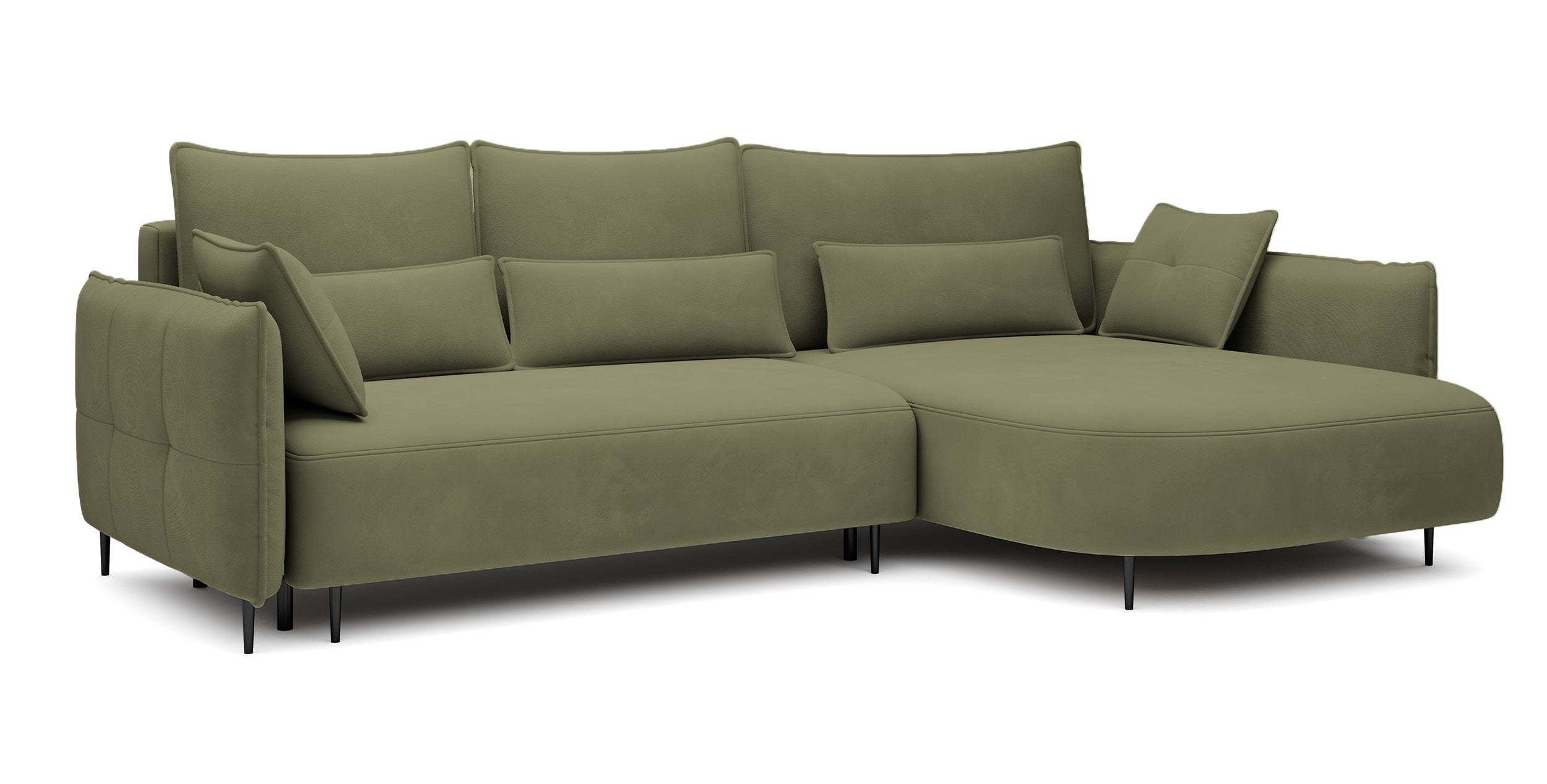 Ecksofa Oblivio mit Schlaf-Funktion, L-förmig, mit Stauraum, olivgrüner Samt, rechtsseitig, wasserabweisend