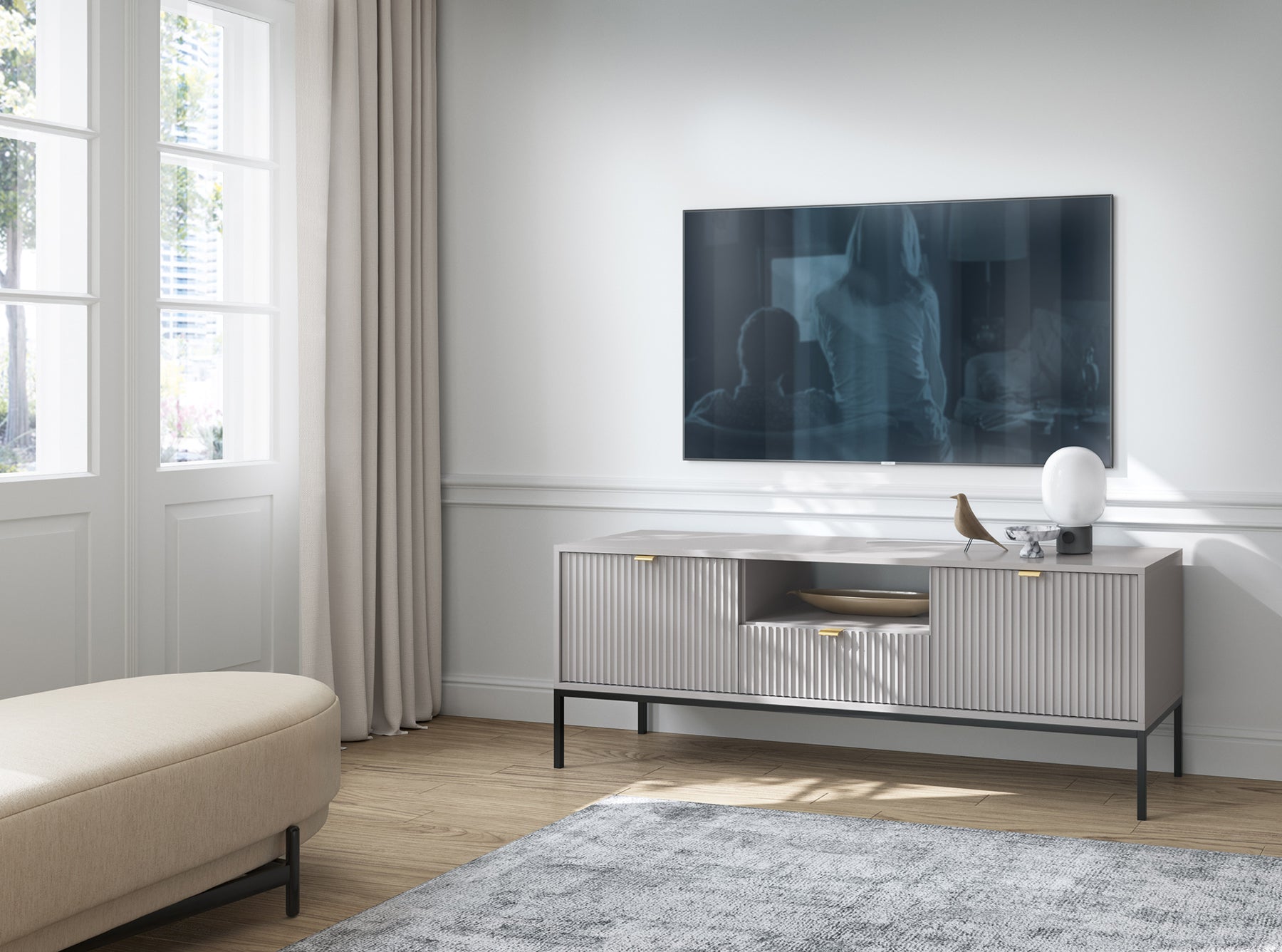TV-Schrank Vellore 154 cm grau mit geriffelten Fronten und goldenen Griffen