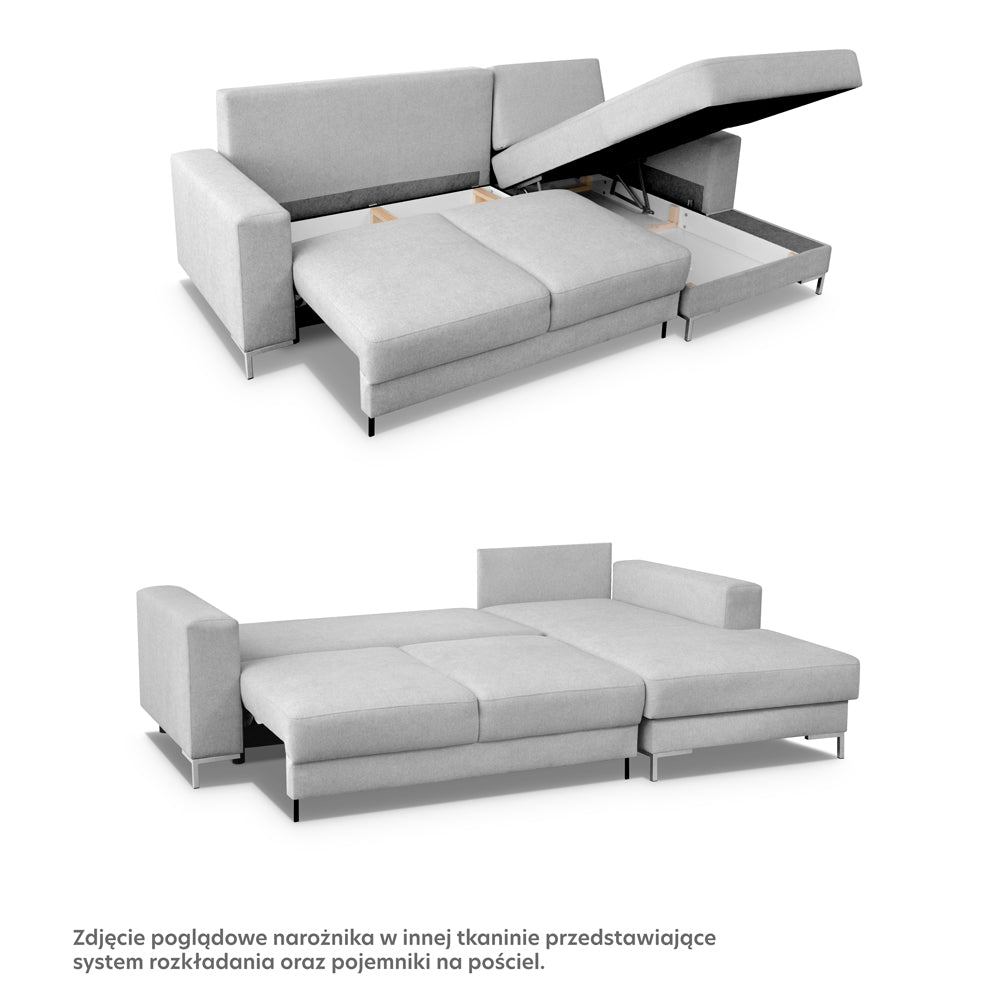 Ecksofa mit Schlaffunktion Mokpeo, L-förmig, mit zwei Aufbewahrungsboxen, schwarzen Füßen, marineblau, leicht zu reinigendes Geflecht, rechtsseitig