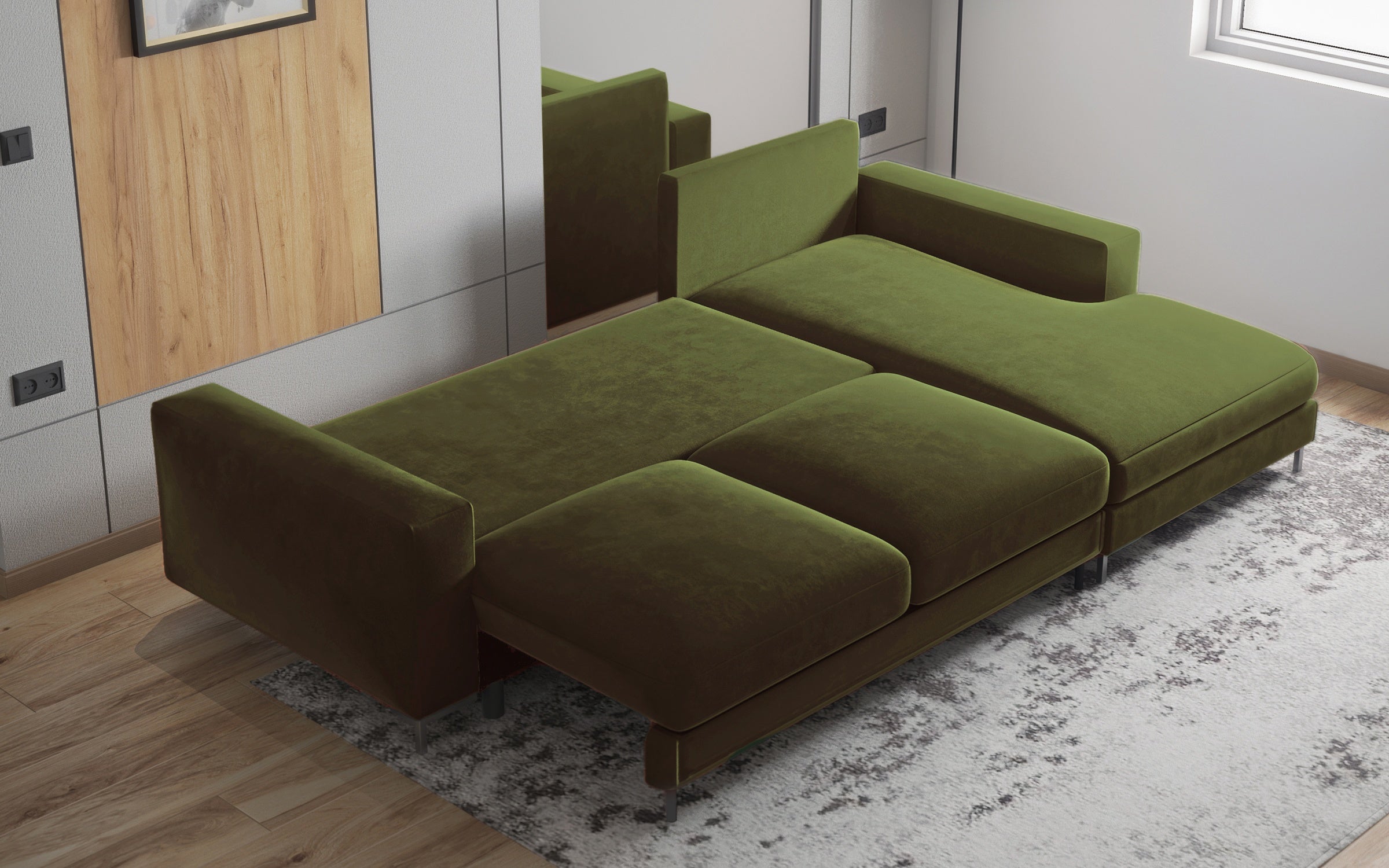 Ecksofa mit Schlafunktion Mokpeo, L-förmig, mit zwei Stauraumfächern, schwarze Füße, olivgrüner Samt, rechtsseitig