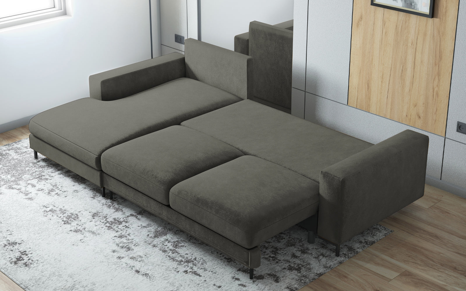 Ecksofa mit Schlaffunktion Mokpeo, L-förmig, mit zwei Stauraumfächern, schwarzen Füßen, grün, aus leicht zu reinigendem Stoff, linksseitig