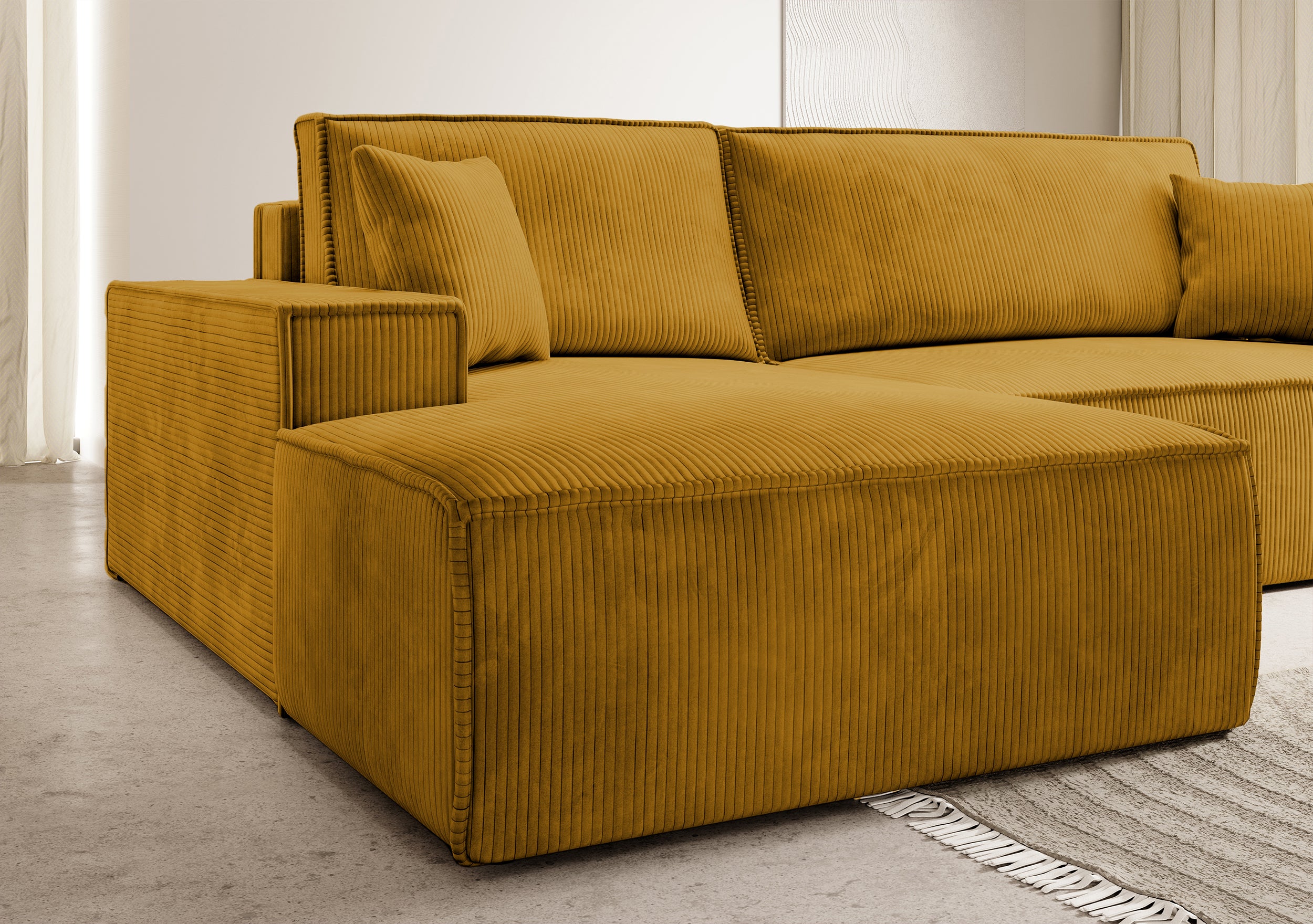Ecksofa mit Schlaffunktion Farese New, L-förmig, mit Stauraum, senfgelb, Cordstoff, linksseitig