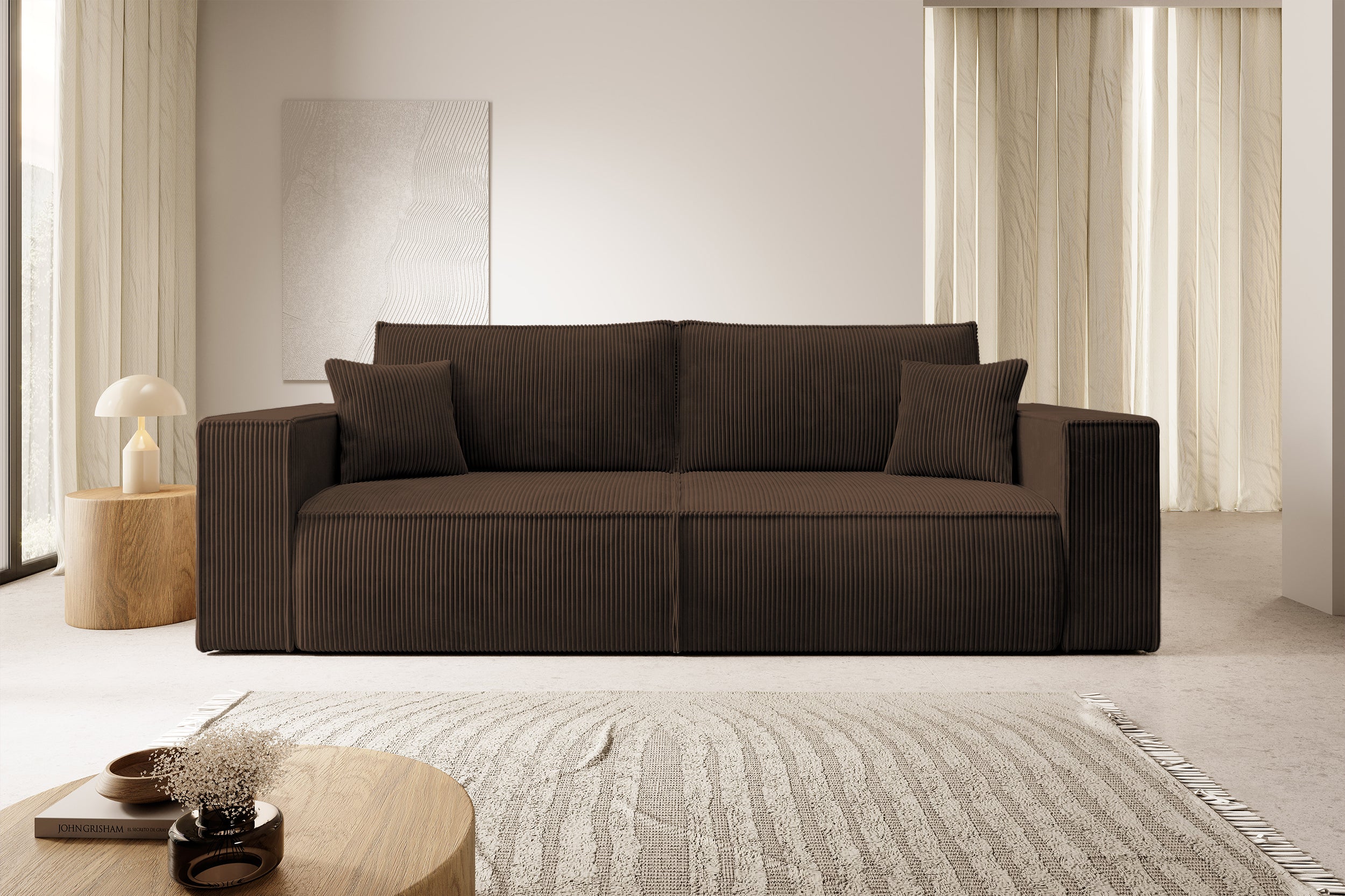 Dreisitziges ausklappbares Sofa Farese mit Stauraum, brauner Cord