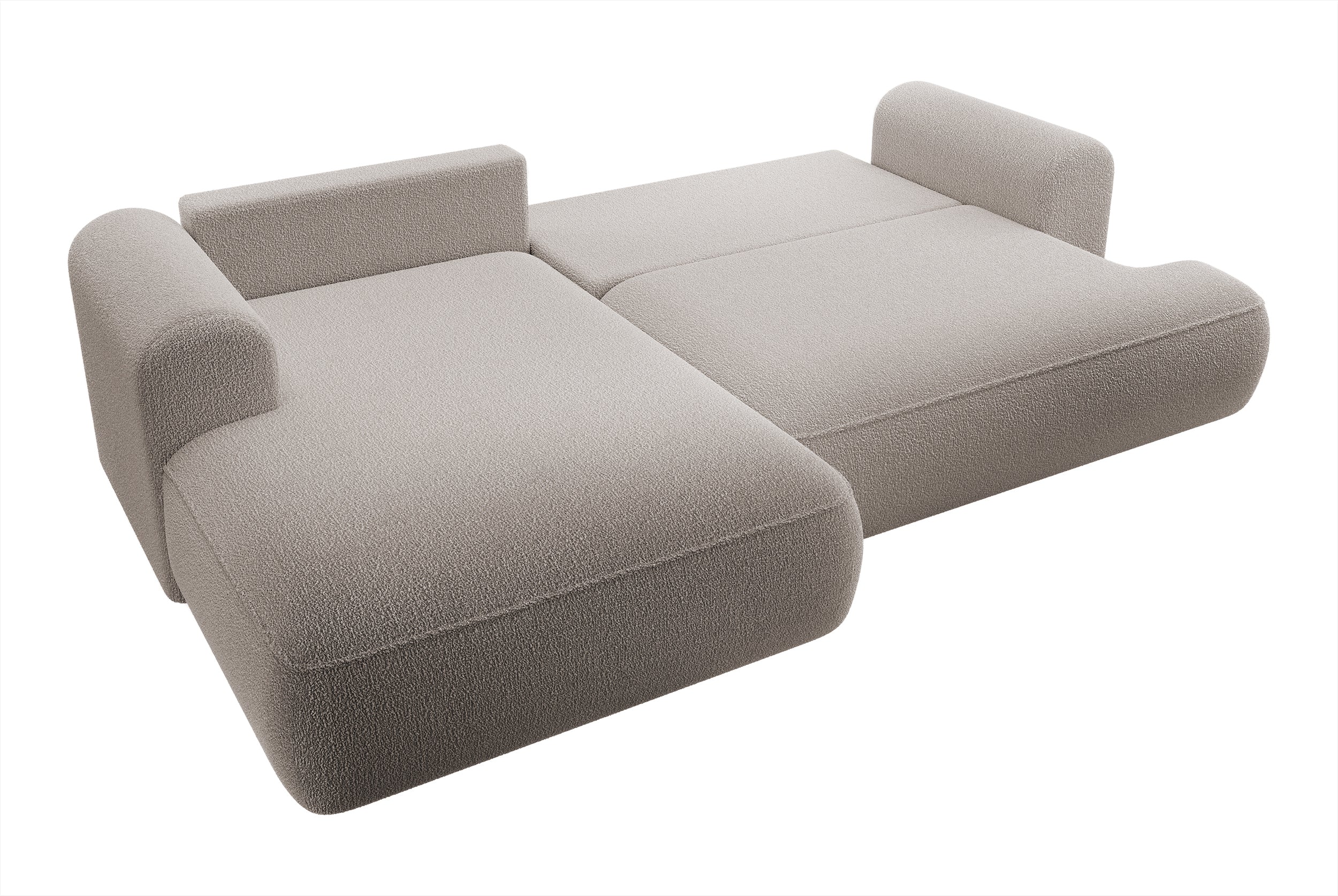 Ecksofa mit Schlafunktion Ovo L-förmig, dunkelbeige mit Stauraum, Bouclé, linksseitig