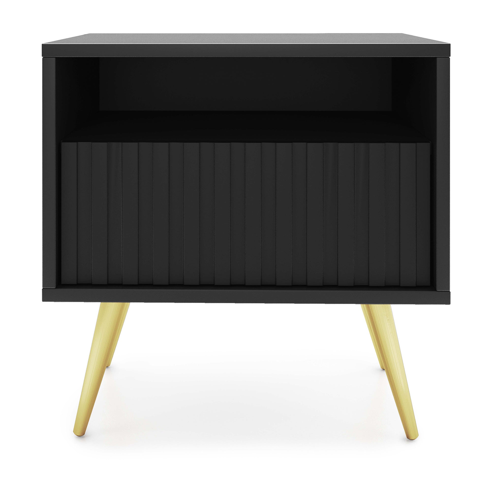 Nachttisch Bello mit Schublade und lamellenförmiger Front, schwarz mit goldenen Beinen