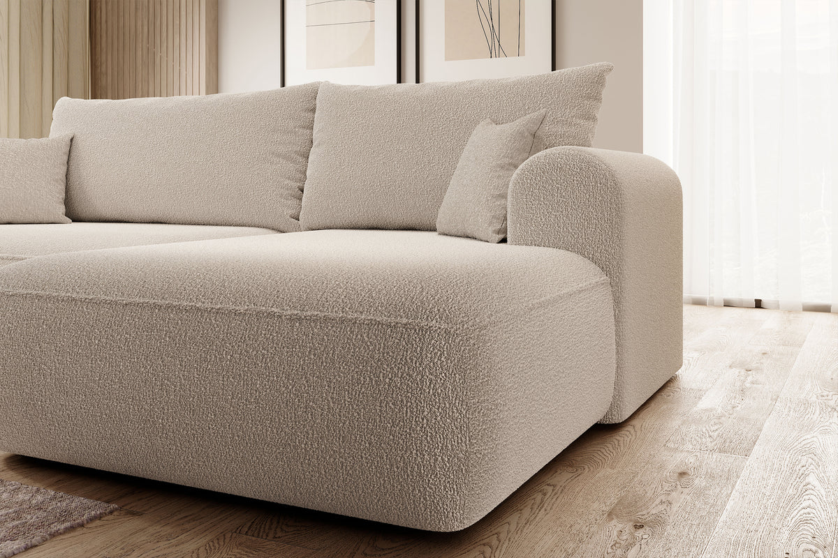 Ecksofa mit Schlafunktion Ovo, L-förmig, beige mit Stauraum, Bouclé, rechtsseitig