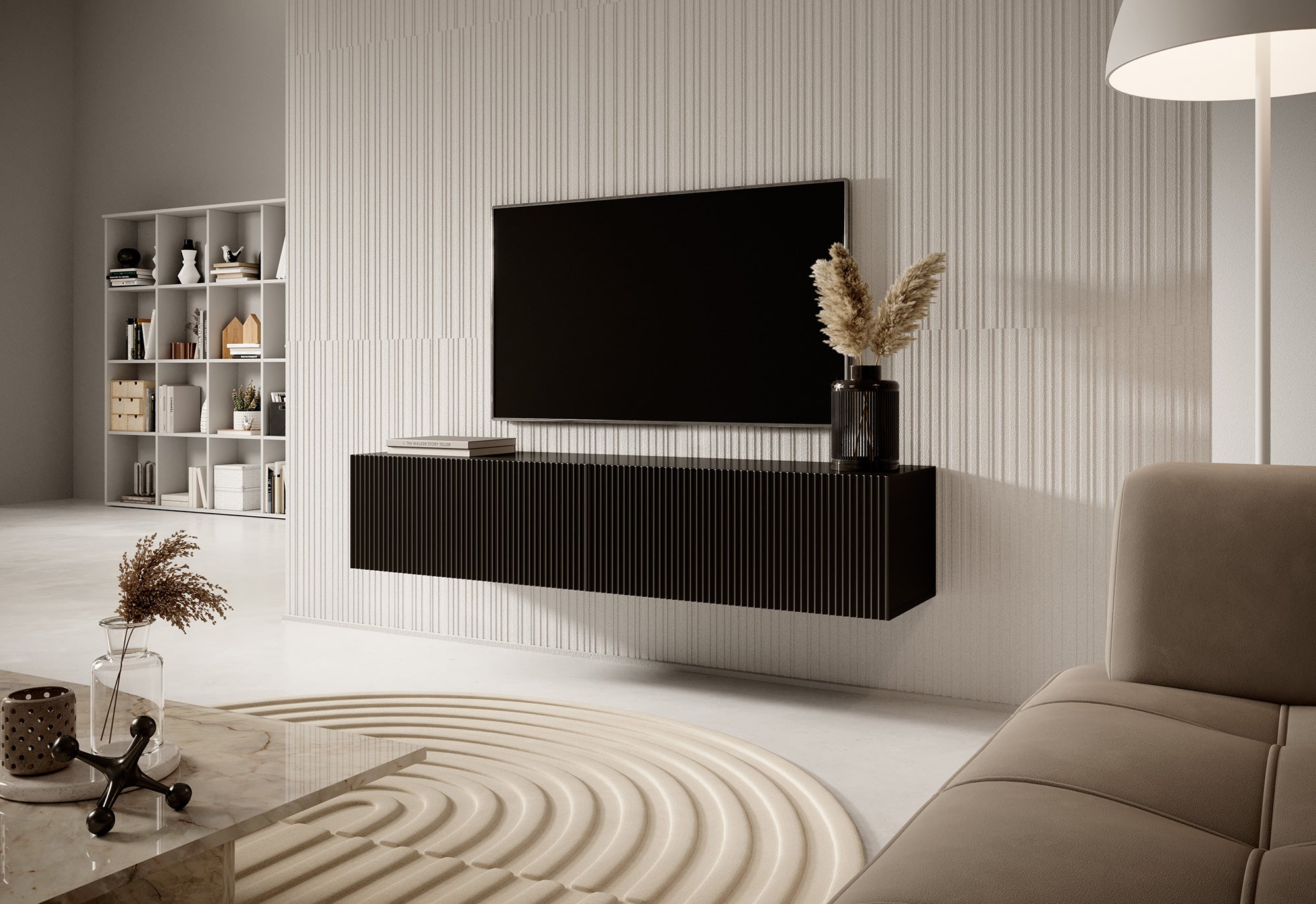 Schwarzer, hängender Veldio TV-Schrank mit gefräster Front, 140 cm